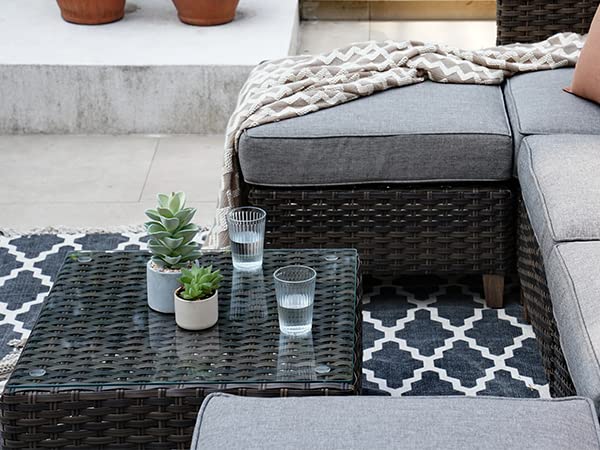 Premium Wicker Patio Coffee Table with Tempered Glass Top - Outdoor Furniture Set for Garden, Poolside & Backyard Relaxation