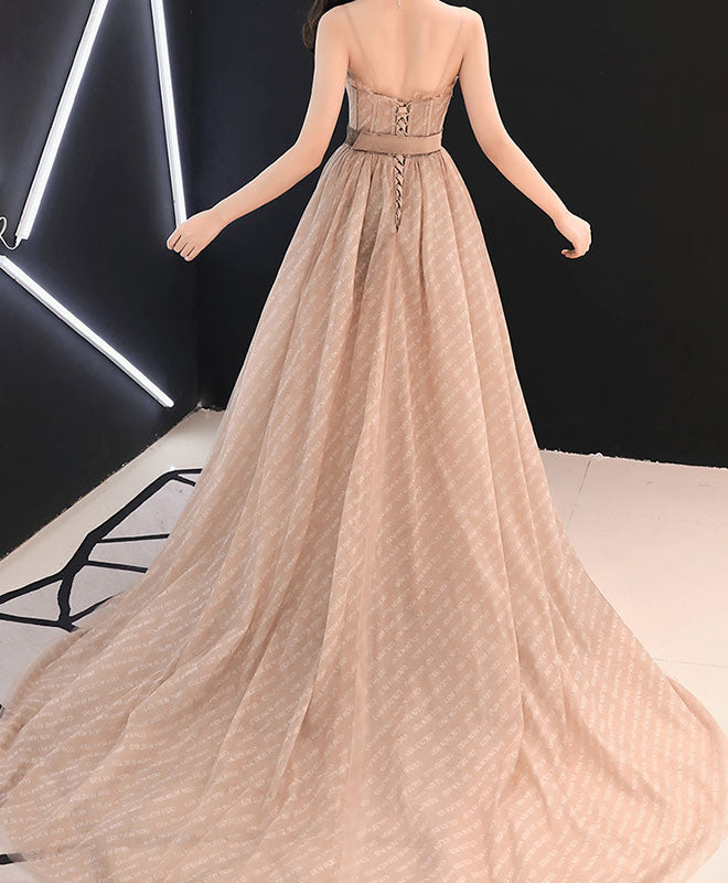 Elegant Champagne A-Line Tulle Long Prom Dress for Evening Gala & Formal Events - Perfect for Homecoming, Wedding, and Special Occasions