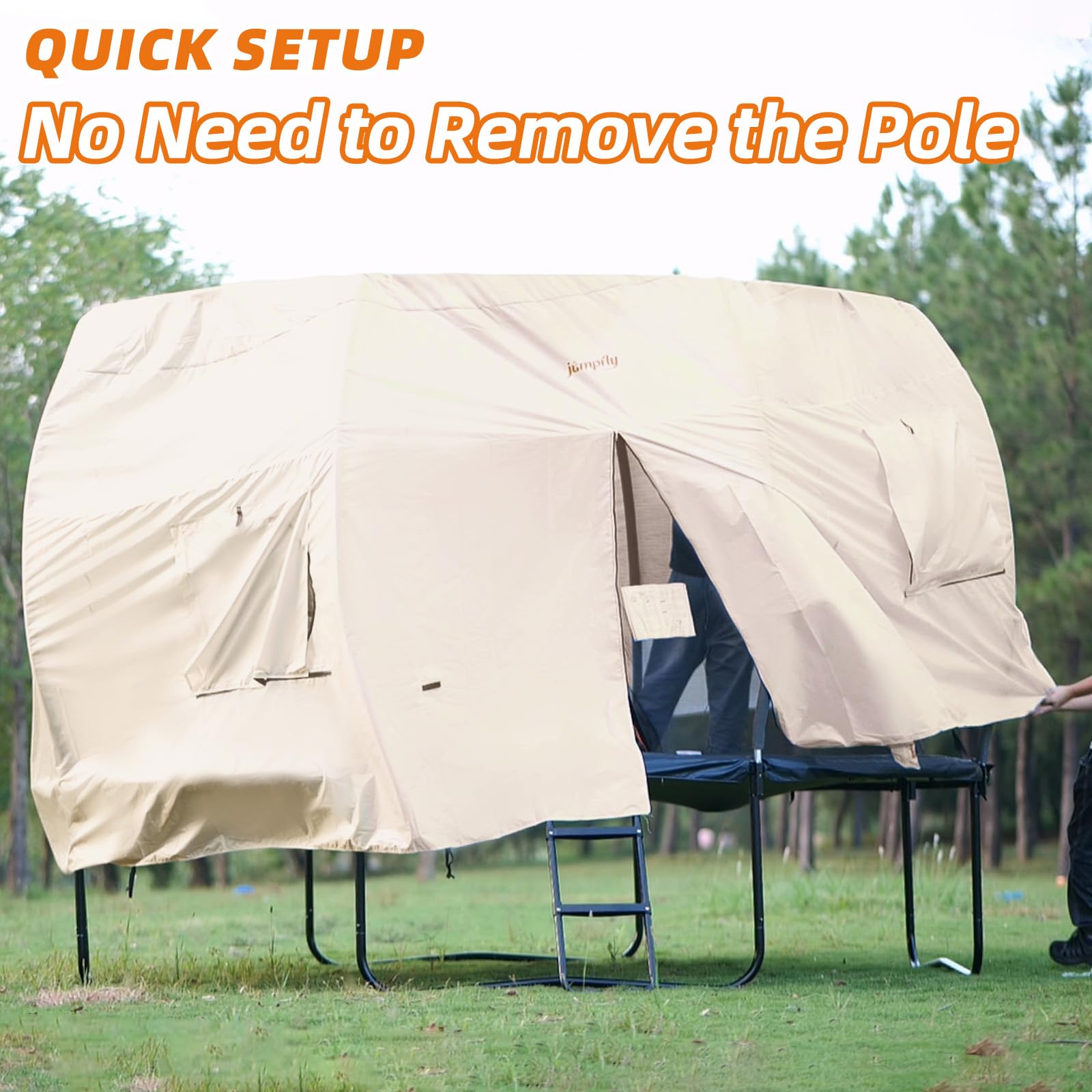 JumpFly 10FT Trampoline Tent for Kids (Tent Only) - Fits 8 Curved Poles Round Trampoline, LED Light Shade Cover, Durable Anti-Tear Canopy for Outdoor Play, Camping & Backyard Fun (Black/Light Brown)