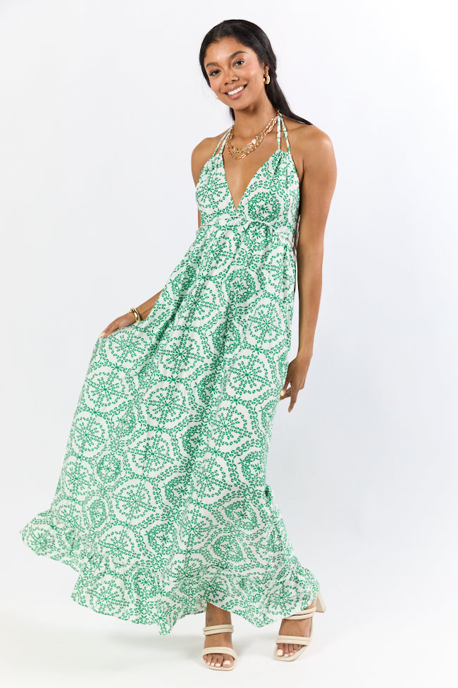 Charleston Charm Green and Ivory Printed Maxi Dress - Flowy Summer Beach Dress for Women, Boho Chic Vacation Outfit, Perfect for Weddings, Parties & Tropical Getaways