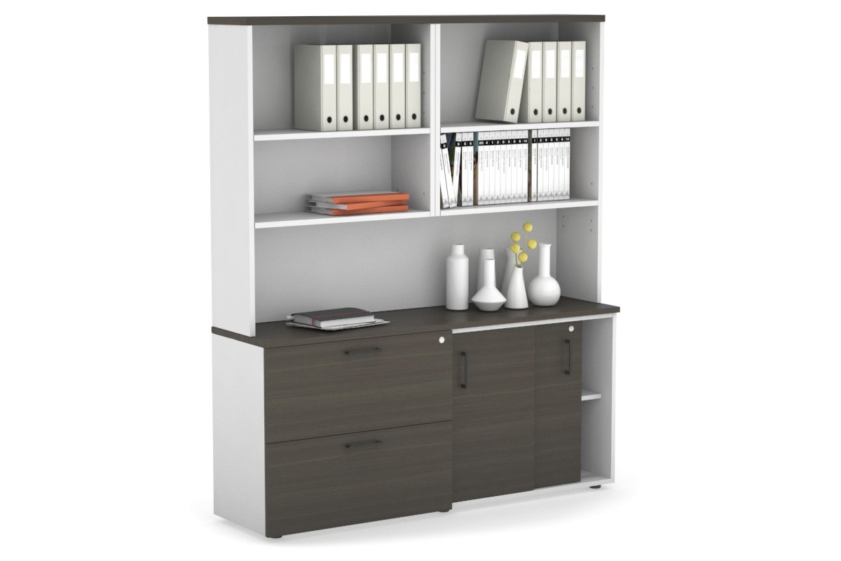 2-Door Sliding Credenza with 2 Drawers & Open Hutch - Modern Office Storage Cabinet for Files, Supplies & Decor - Perfect for Home Office, Conference Rooms & Workspaces