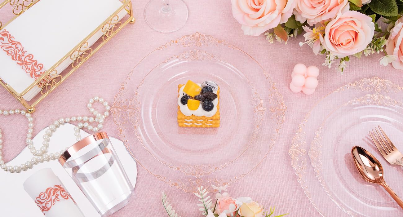 175PCS Clear Rose Gold Plastic Plates Set - 25 Dinner Plates, 25 Salad Plates, 25 Forks, 25 Knives, 25 Spoons, 25 Cups & 25 Napkins - Elegant Disposable Tableware for Weddings, Parties, Mother's Day & Special Events