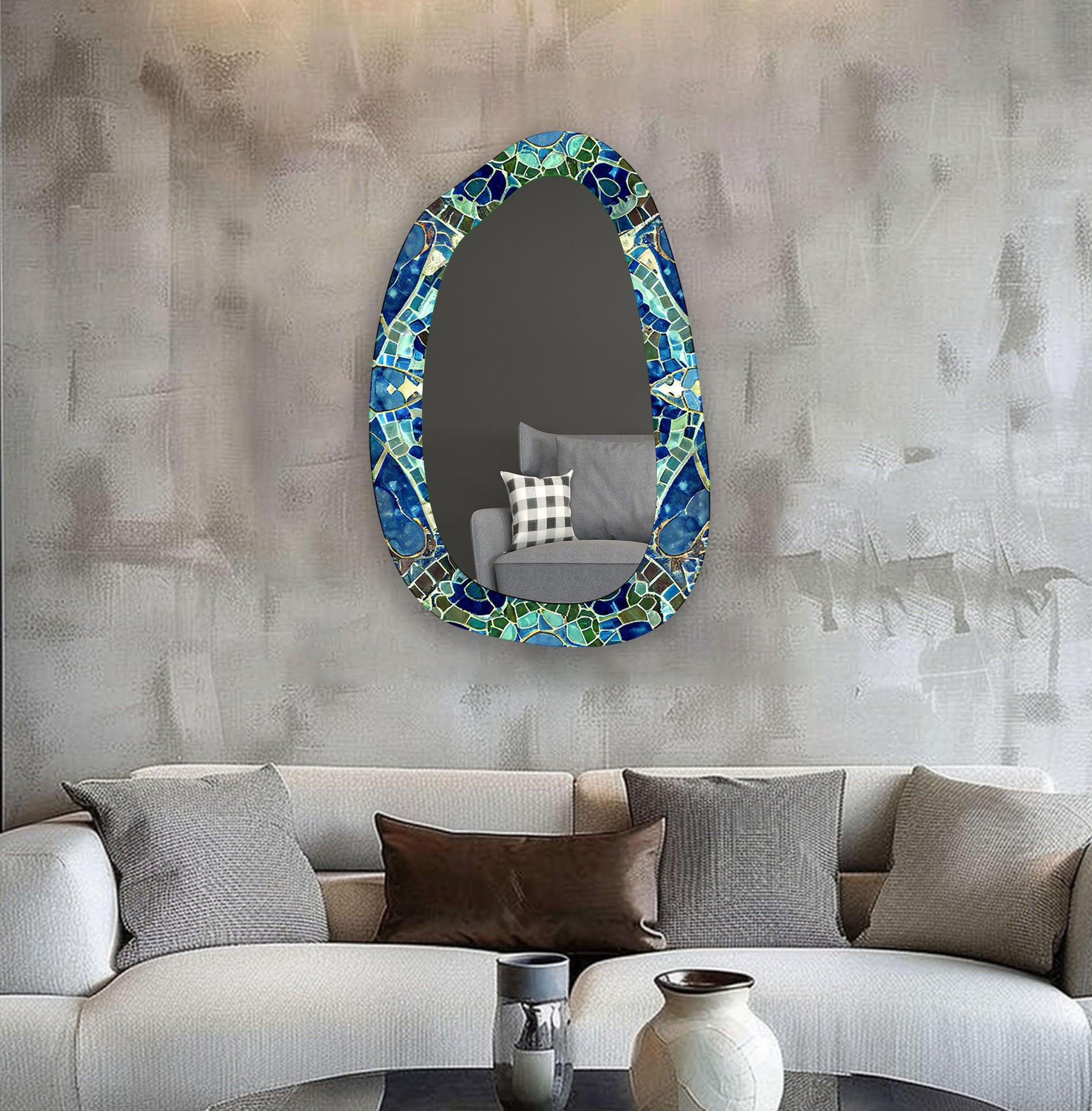Blue & Green Mosaic Large Glass Wall Mirror - Elegant Home Decor for Living Room, Bedroom, or Entryway - Perfect for Adding Style and Brightness to Any Space