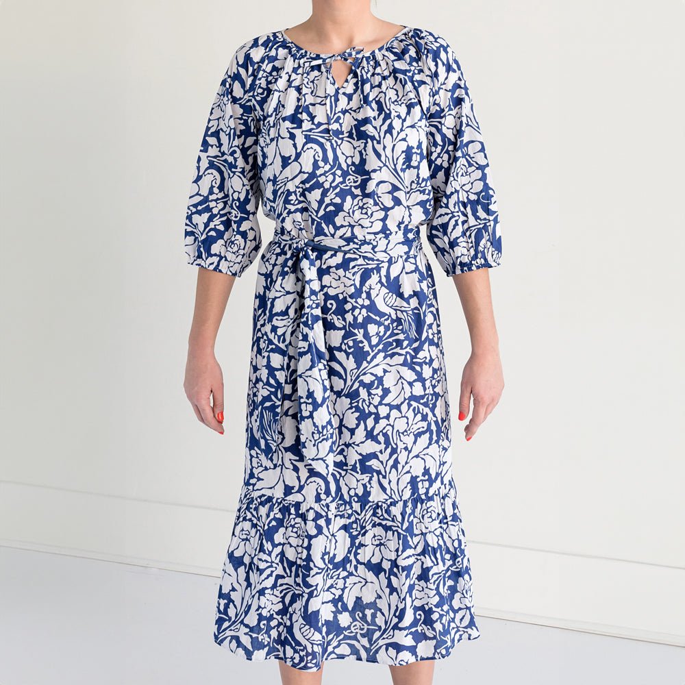 Blue Parrot Ruffle Midi Dress for Women - Elegant Floral Summer Dress with Ruffled Hem | Perfect for Beach Vacations, Garden Parties & Date Nights