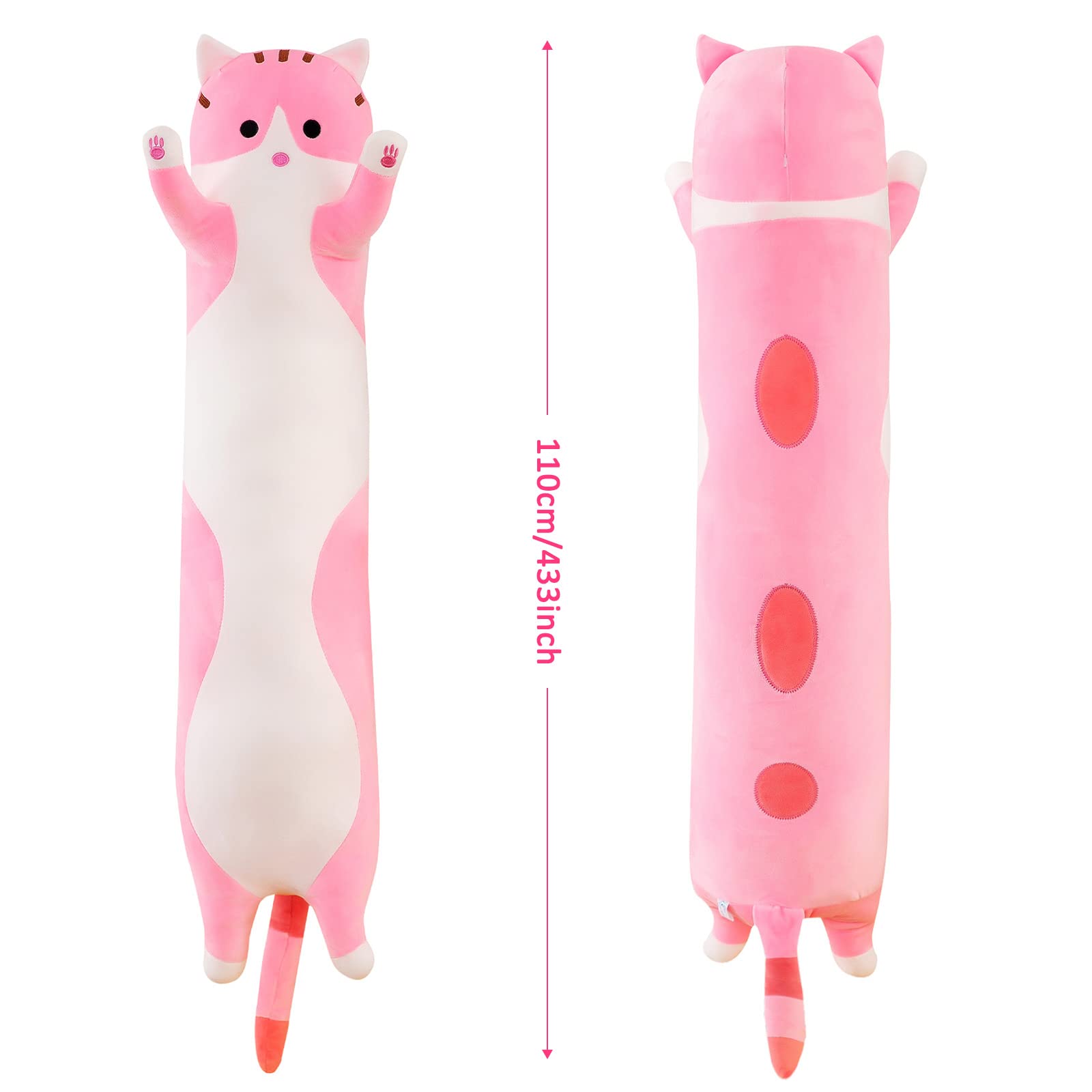 JILPAK Cute Cartoon Cat Plush Stuffed Animal - Soft Long Cat Pillow Toy for Kids, Girls & Friends (110cm, Pink) - Perfect for Gifts, Cuddling & Home Decor