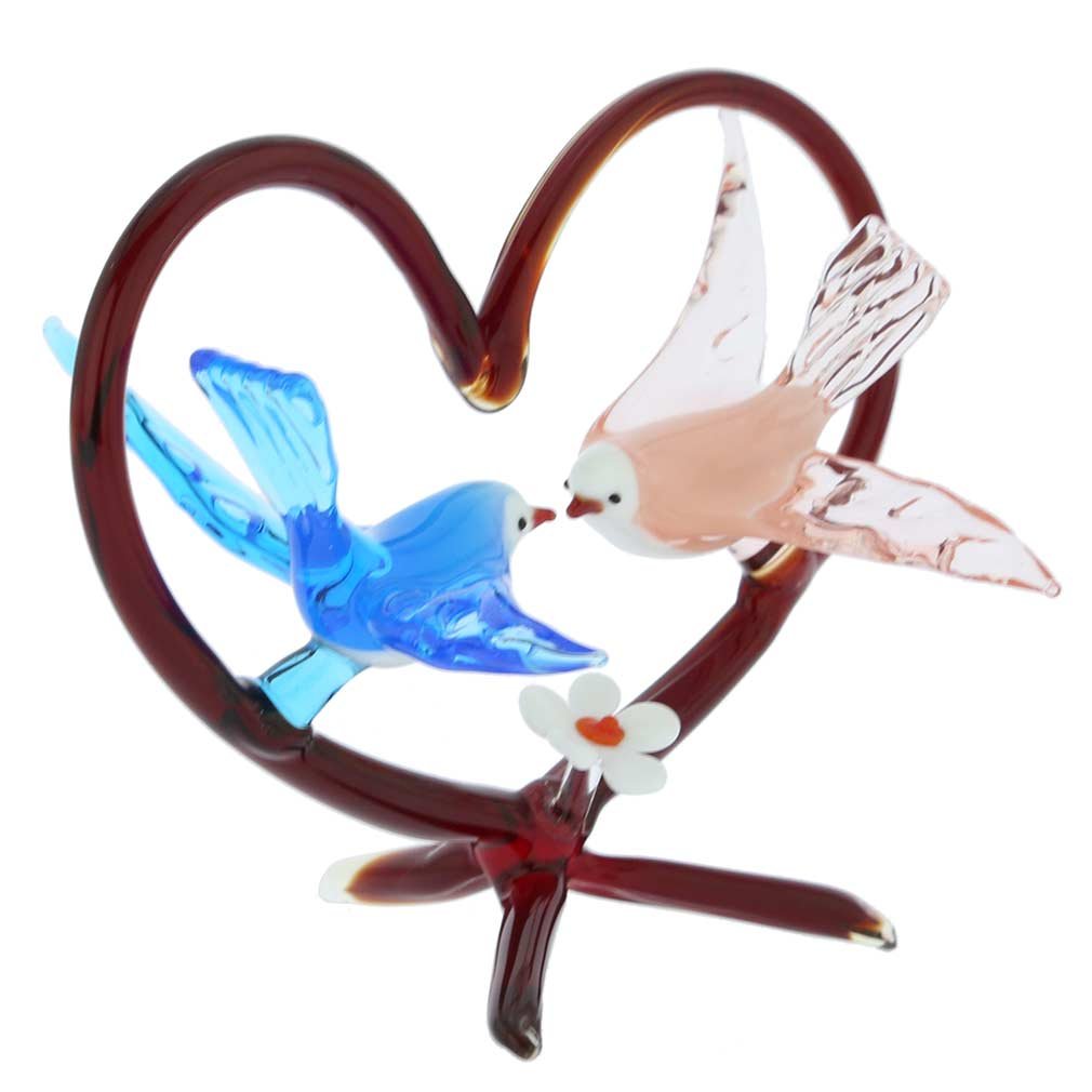 GlassOfVenice Authentic Murano Glass Birds on Red Heart - Handmade Blue & Pink Venetian Art for Home Decor | Perfect Gift for Wedding, Anniversary & Valentine's Day