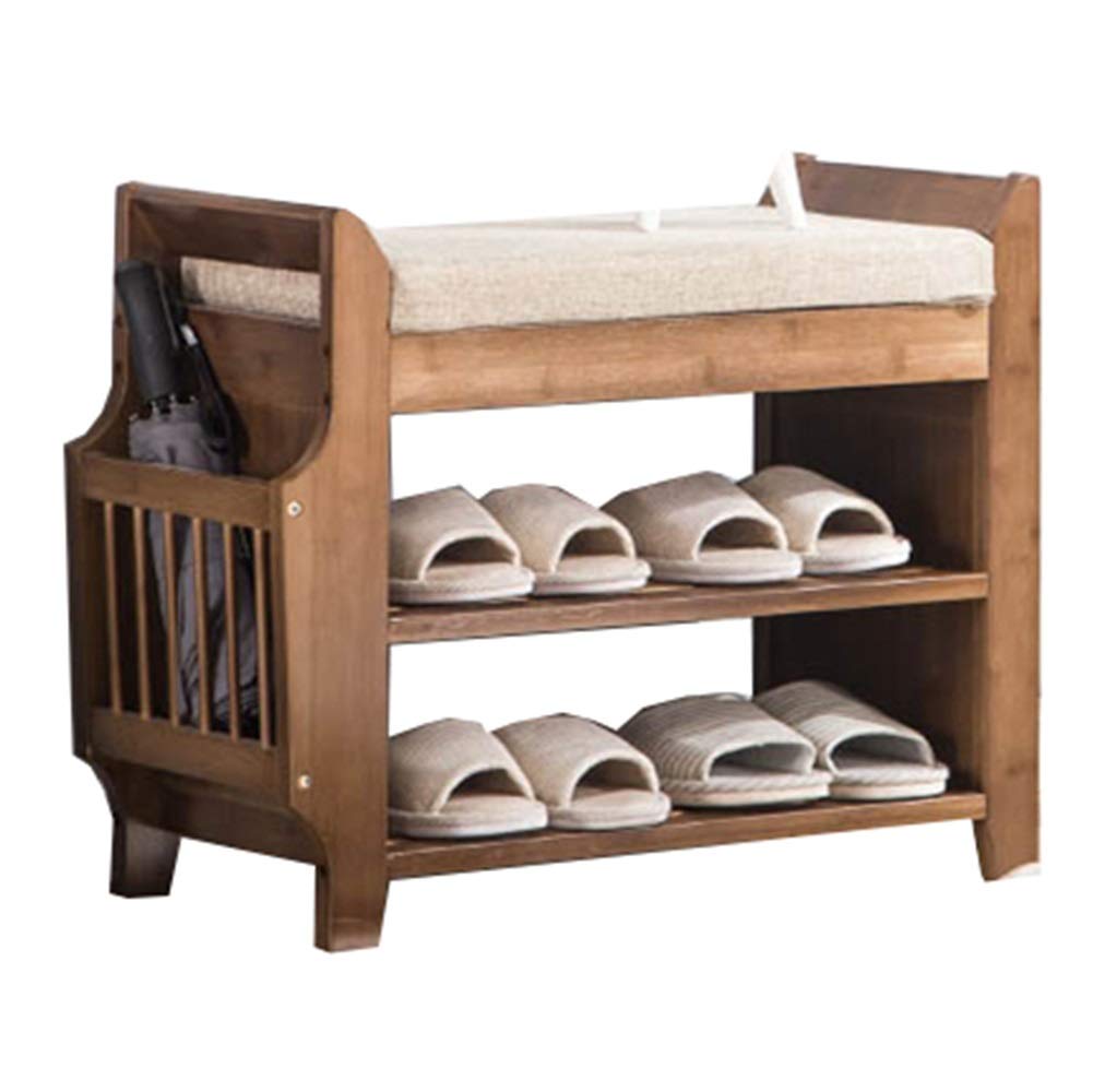 LJFYXZ Wooden Shoe Storage Bench with 2 Shelves & Drawer - 120kg Capacity Entryway Shoe Cabinet with Cushion (60cm/23in) - Perfect for Hallway, Bedroom & Mudroom Organization