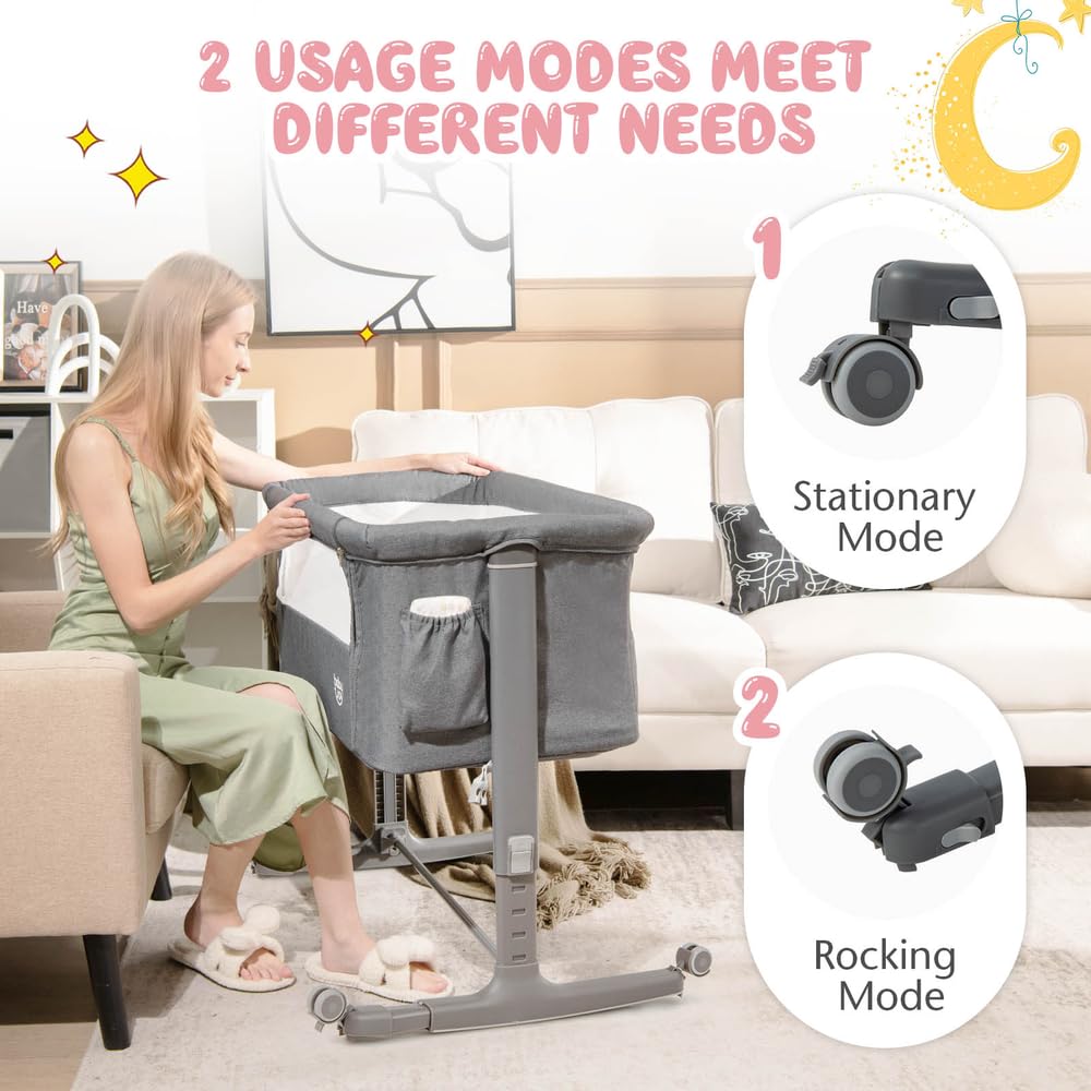**BABY JOY 3-in-1 Adjustable Height Folding Bassinet & Bedside Sleeper with Mattress, Lockable Wheels, Storage Pocket & Carry Bag – Portable Crib for Newborns & Infants (Grey) – Ideal for Nursery, Travel & Co-Sleeping**