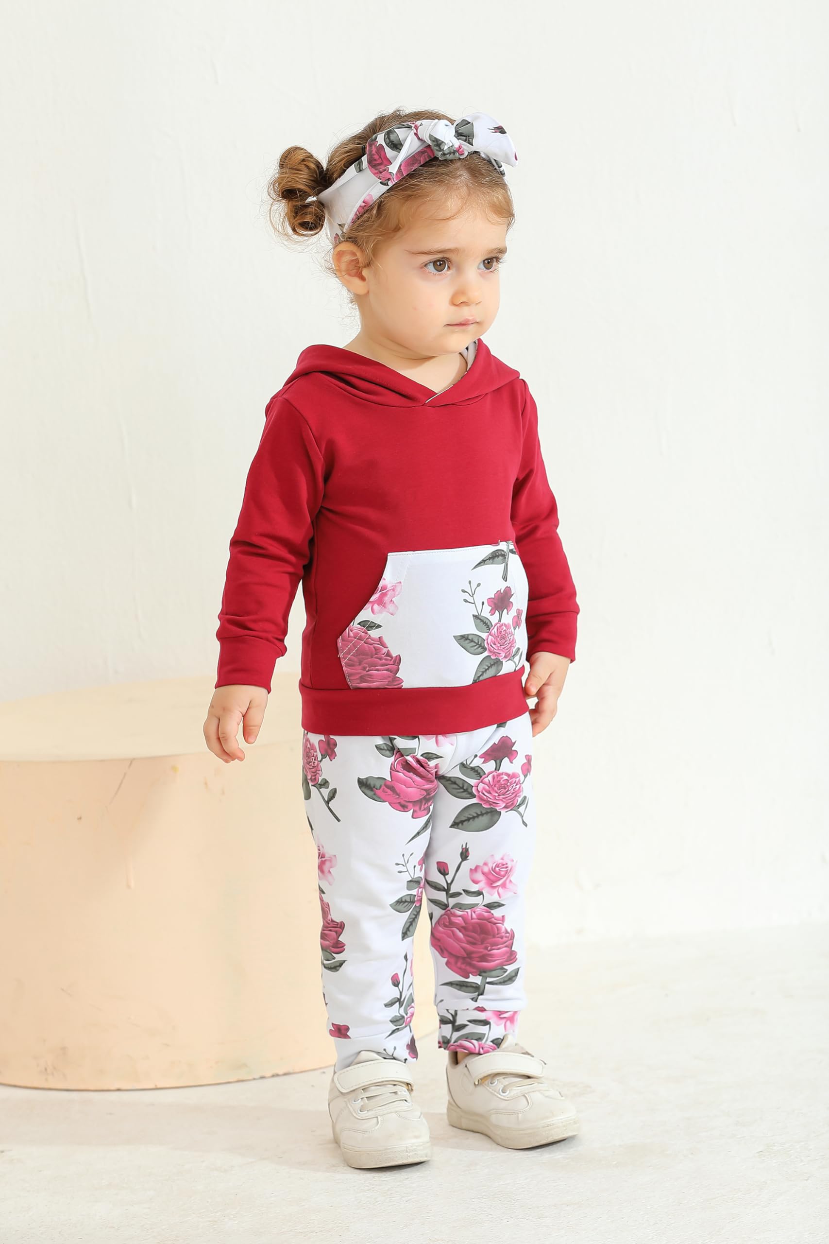Eghunooy Baby Girl Outfit Set - Floral Long Sleeve Hoodie Sweatshirt & Pants with Pocket & Headband | Cute Toddler Clothes for Playdates, Photoshoots & Everyday Wear