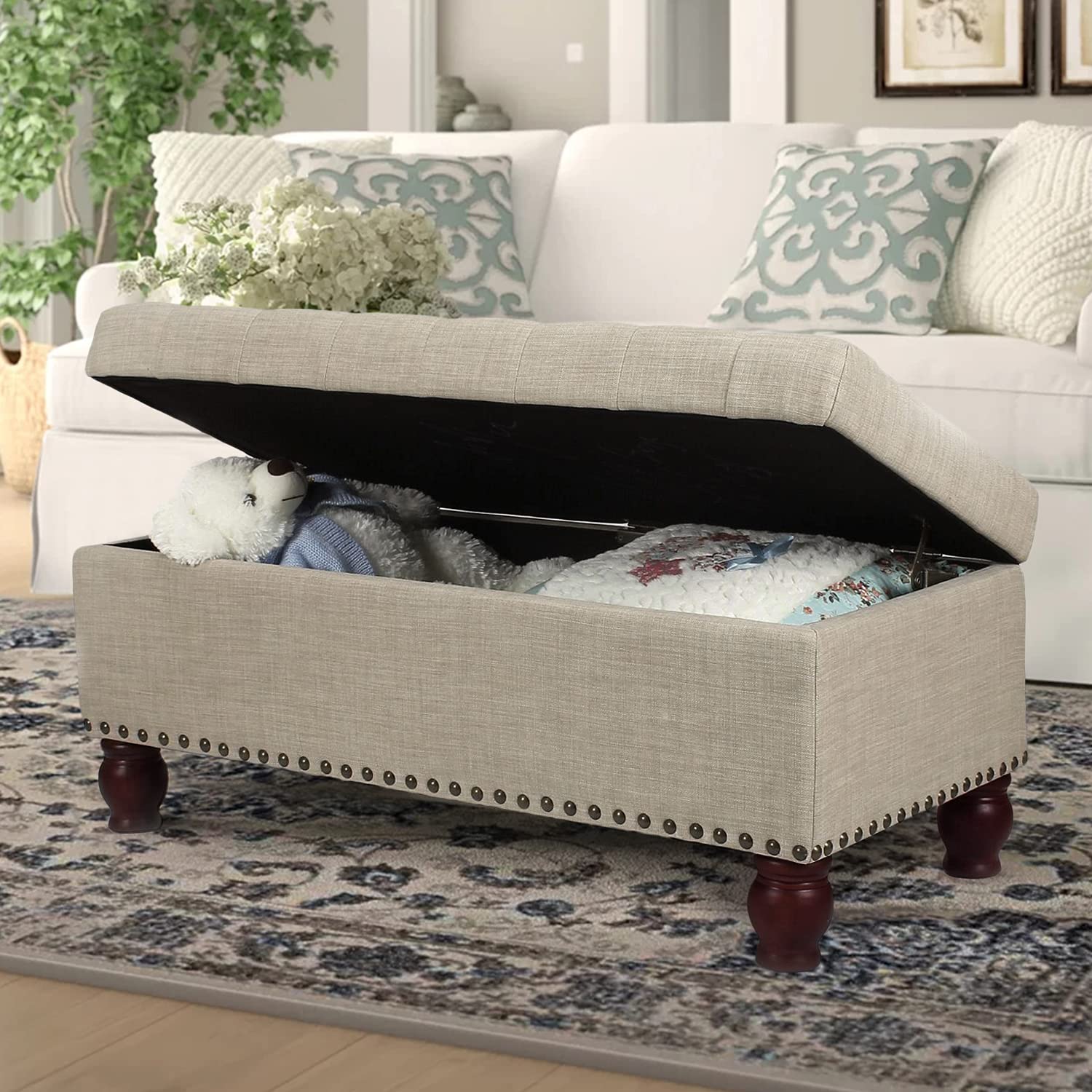 Storage Ottoman Bench with Wooden Legs - Upholstered Rectangle Storage Bench for Bedroom & Living Room - Multi-Functional End of Bed Bench with Hidden Storage | Perfect for Extra Seating, Blanket Storage & Home Organization