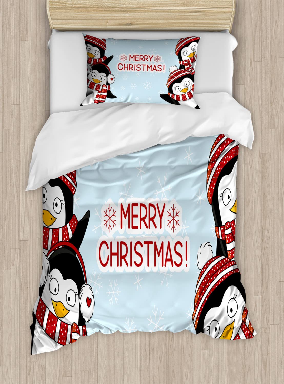 Ambesonne Christmas Duvet Cover Set - Festive Penguins with Hats & Scarf Snowflake Design, 2-Piece King Size Bedding Set with 4 Pillowcases (Blue & Red) - Perfect for Holiday Decor & Winter Bedroom Makeover
