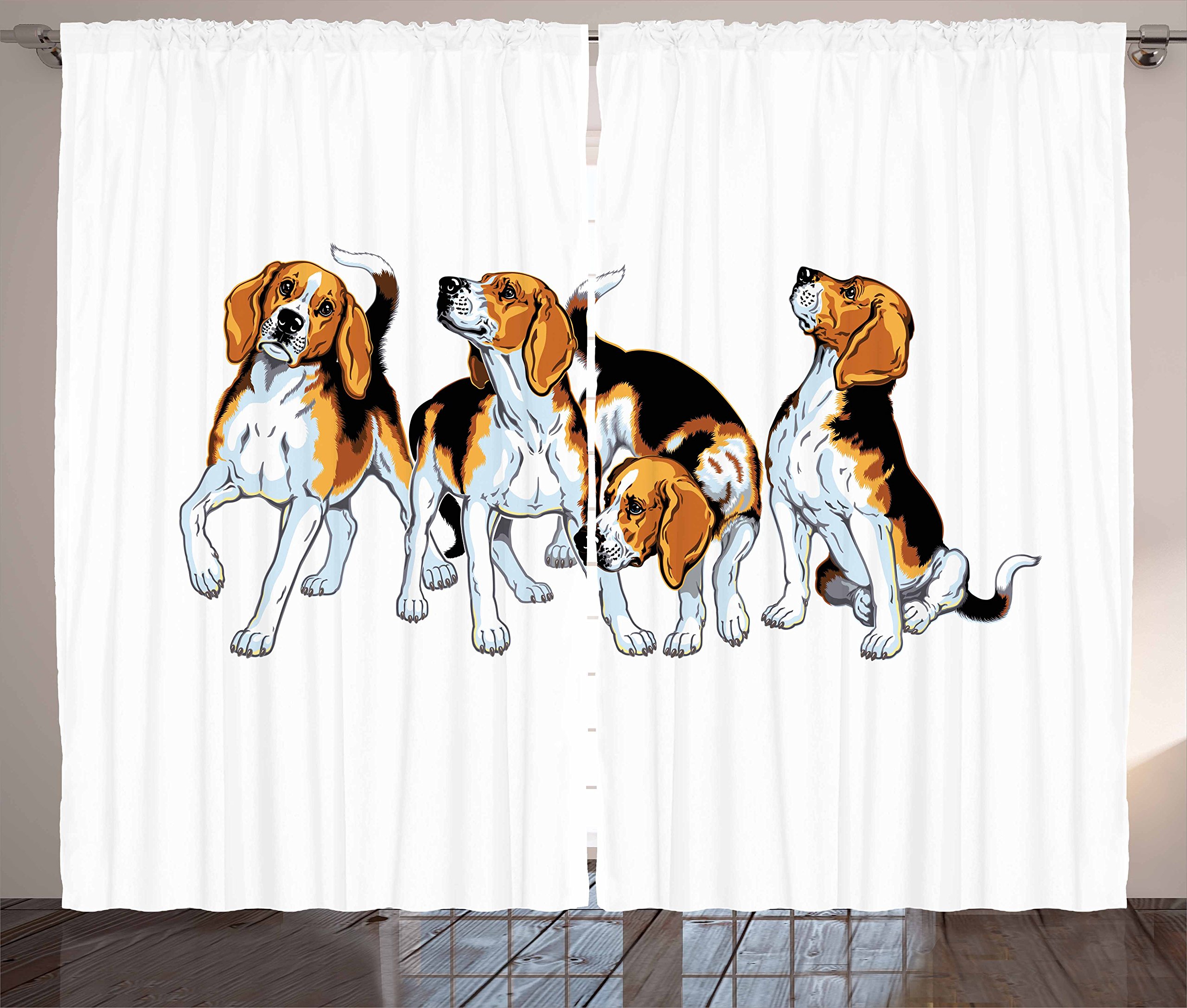 Ambesonne Beagle Dog Curtains - 2 Panel Set, 108x90 Inches, Brown White & Black - Cute Beagle Puppies Playing Design for Living Room & Bedroom Windows - Perfect for Dog Lovers & Pet-Themed Home Decor