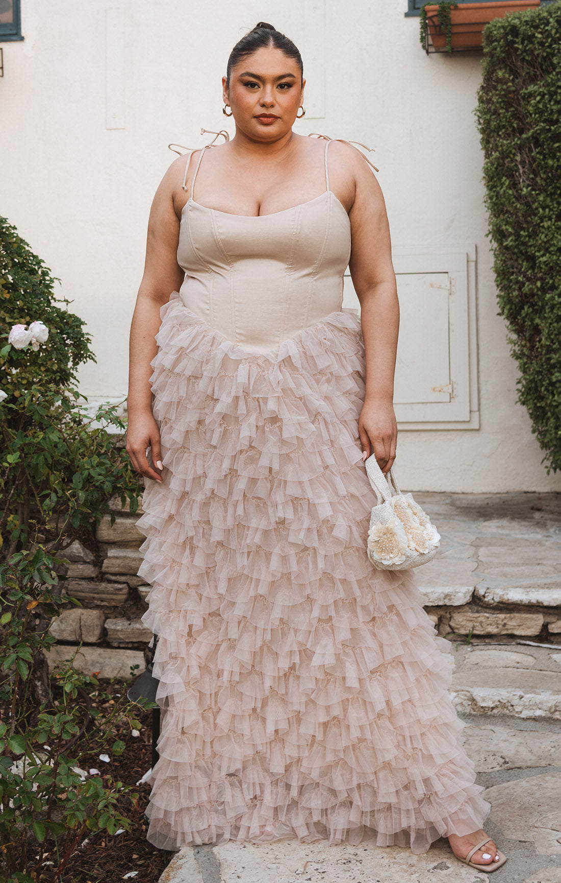 Francesca Maxi Dress - Elegant Champagne Tulle Ruffle Evening Gown for Women | Perfect for Weddings, Parties & Special Occasions