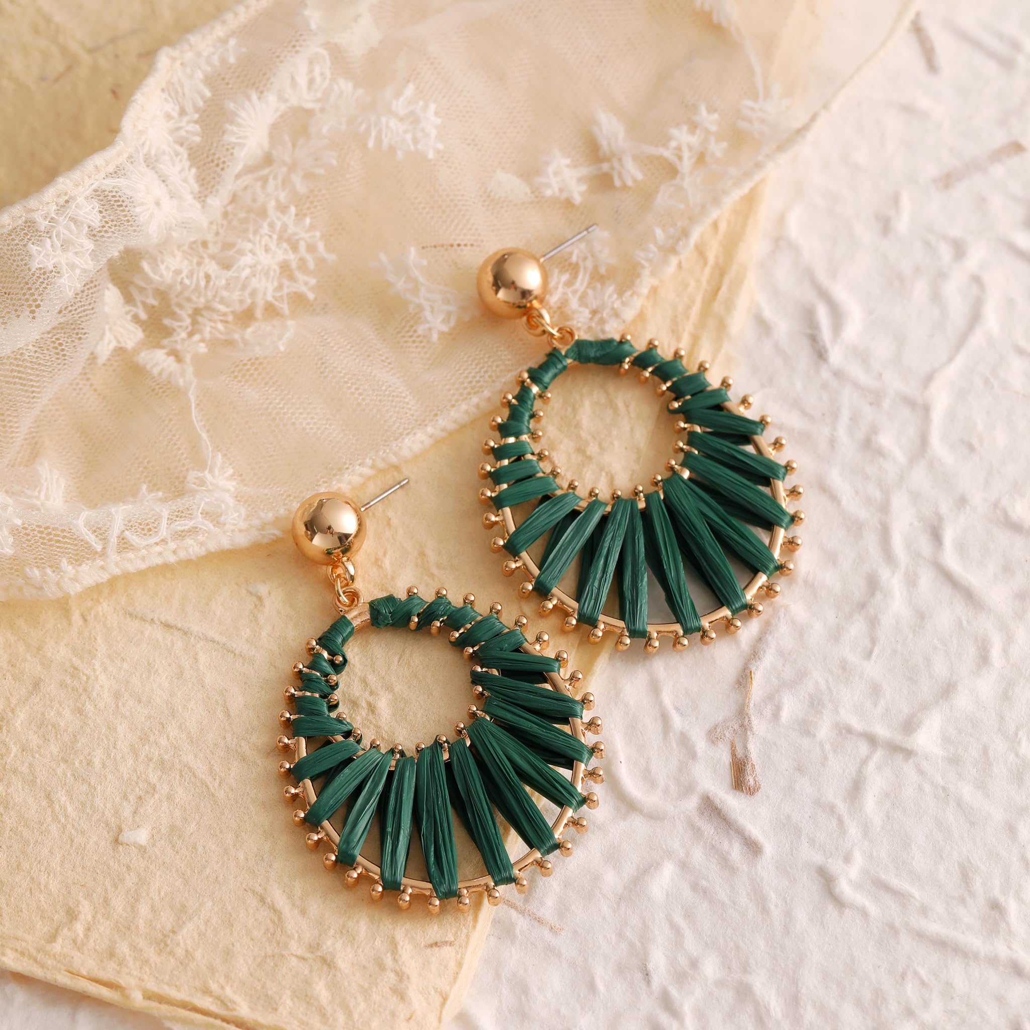 Boho Raffia Teardrop Earrings for Women – Large Statement Drop Dangle Earrings, Handmade Woven Fashion Jewelry for Prom, Beach Wedding, Bridal Shower & Summer Outfits