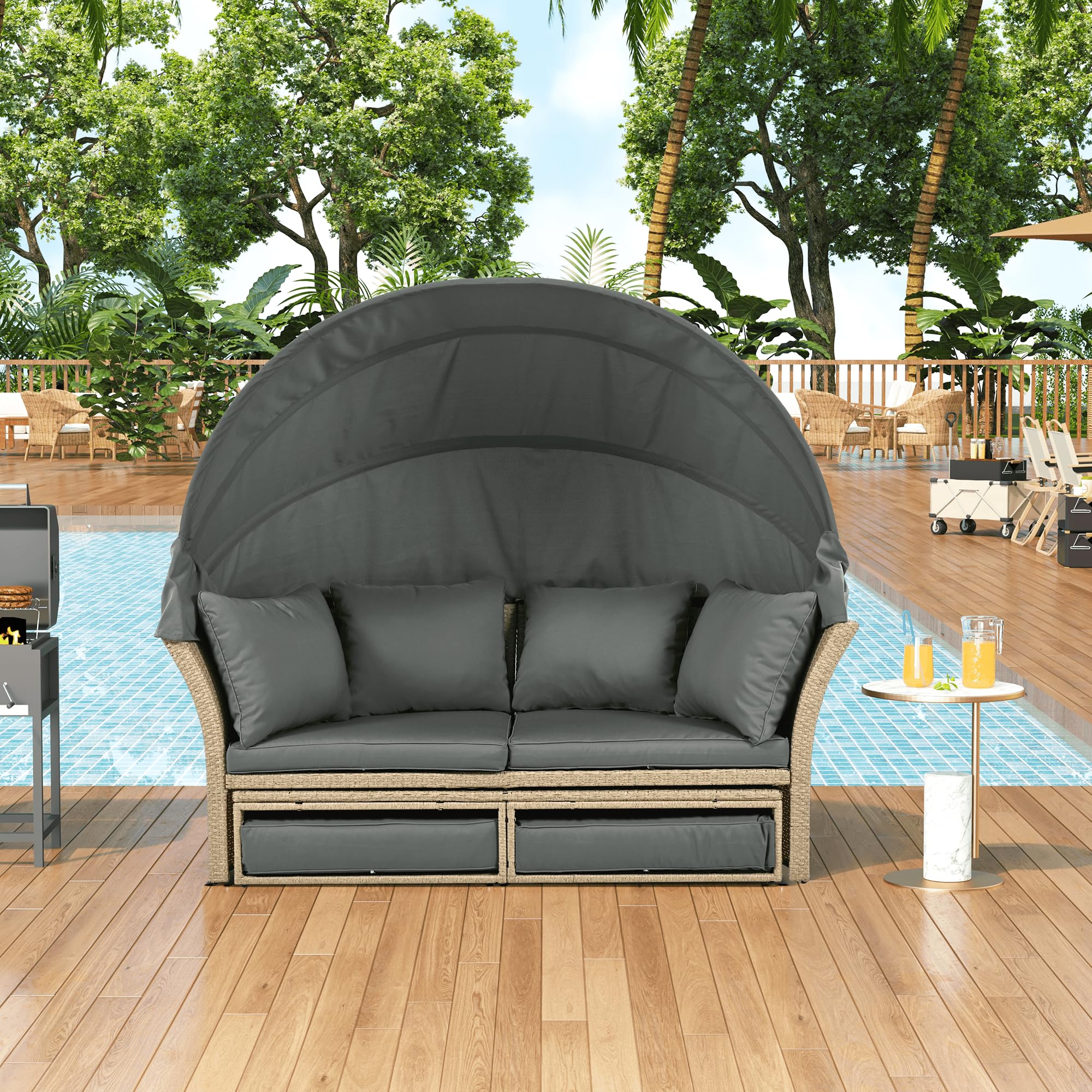 Merax Outdoor Patio Wicker Rattan Double Daybed Round Sofa Set with Retractable Canopy & 4 Pillows - Grey - Perfect for Garden, Backyard, Porch, Poolside Relaxation & Sunbathing