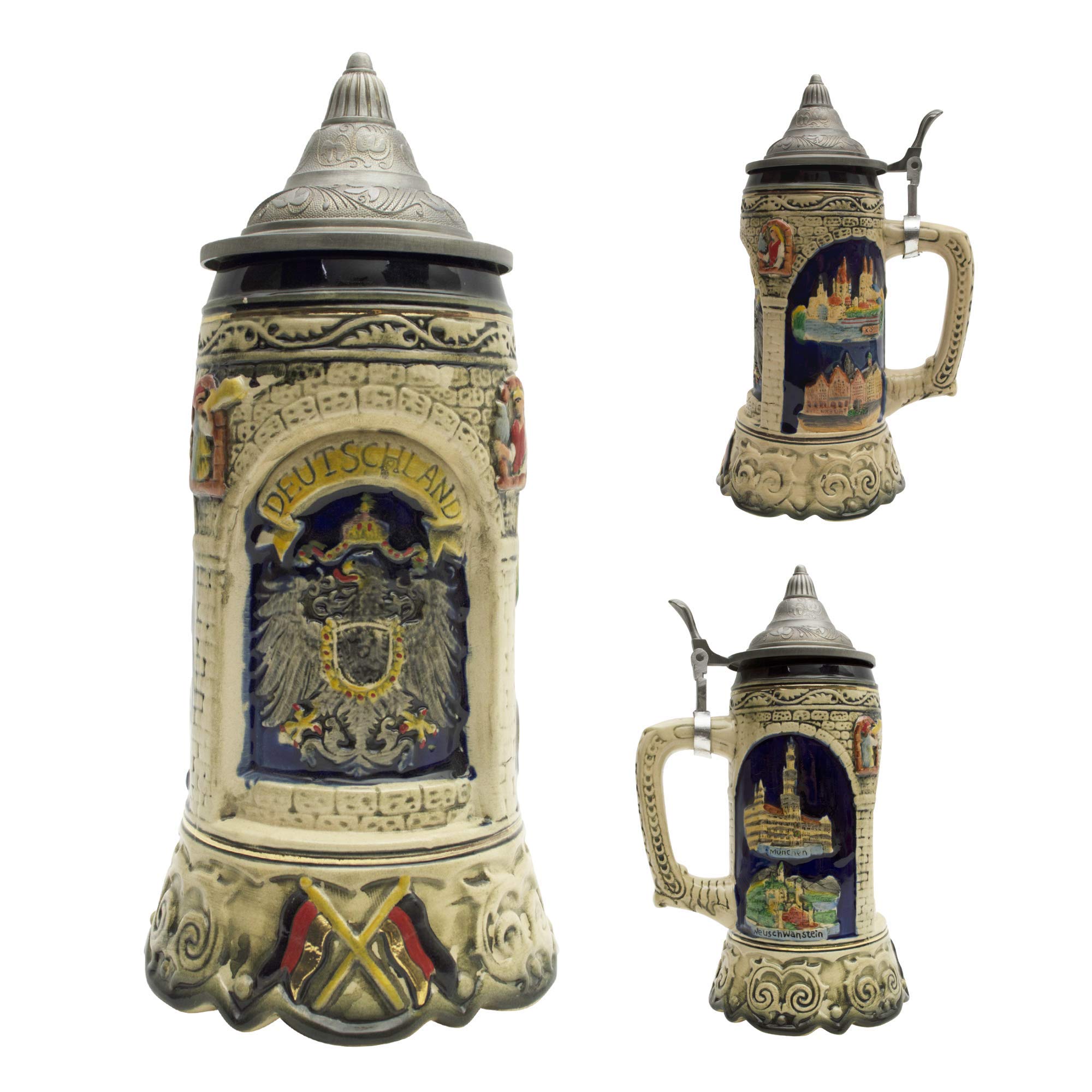 1 Liter German Beer Stein with Lid - Hand-Painted Oktoberfest Ceramic Mug Featuring Deutschland Scenes - Perfect Gift for Beer Lovers - Great for Oktoberfest Celebrations, Home Bars & Collectors