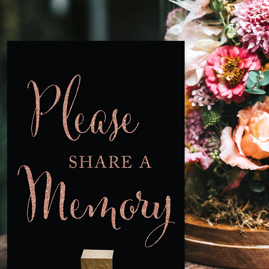 Andaz Press Wedding Party Signs - Faux Rose Gold Glitter on Black Cardstock - 8.5x11 Inch Memory Sharing Guest Book Sign - 1-Pack Elegant Party Decorations for Weddings, Bridal Showers & Anniversary Celebrations