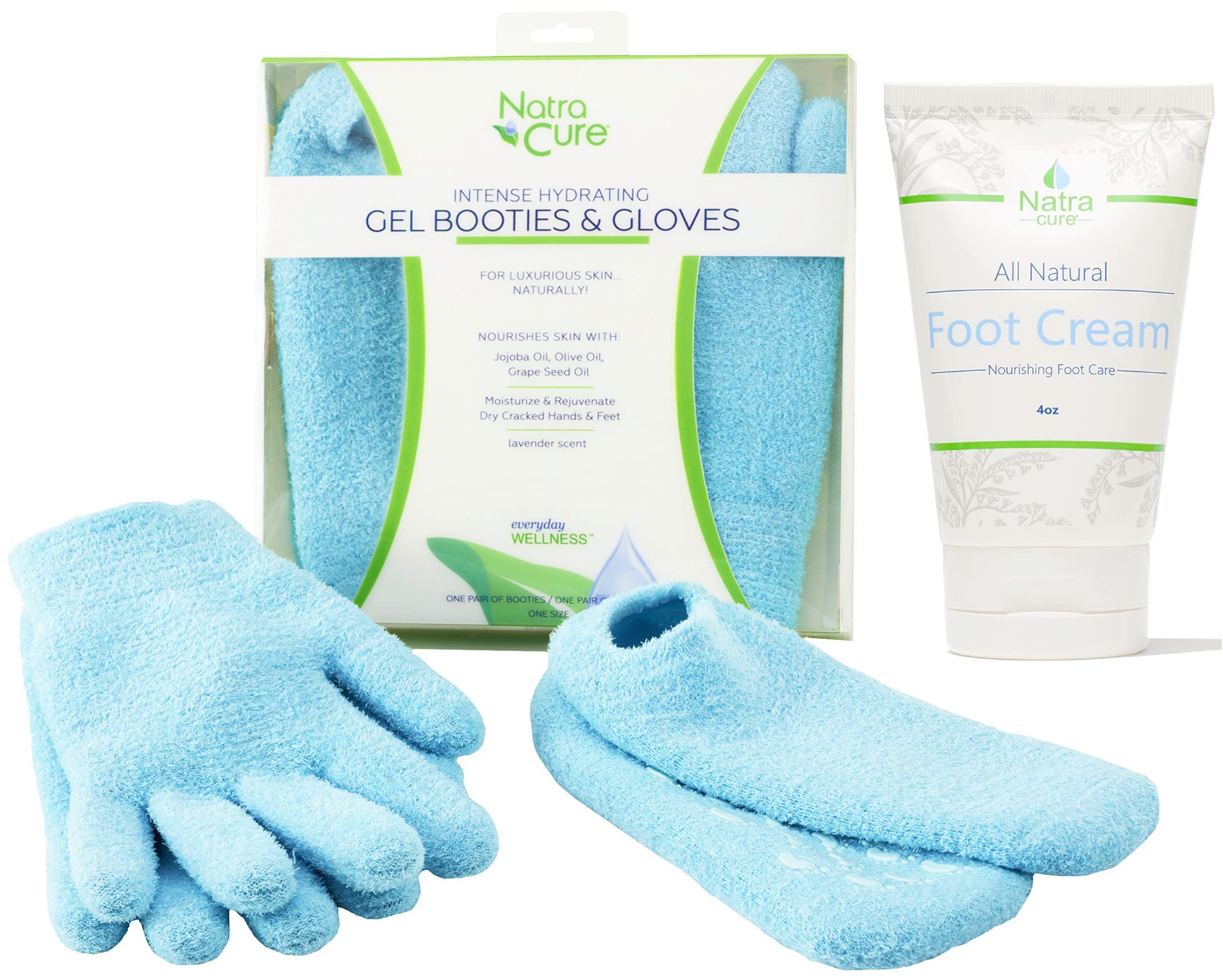 NatraCure Moisturizing Gel Gloves & Socks Gift Set with Foot Cream & Lotion - Deep Hydration for Dry Hands & Feet - Perfect for Spa Night, Cracked Heel Treatment & Winter Care (Aqua Color)