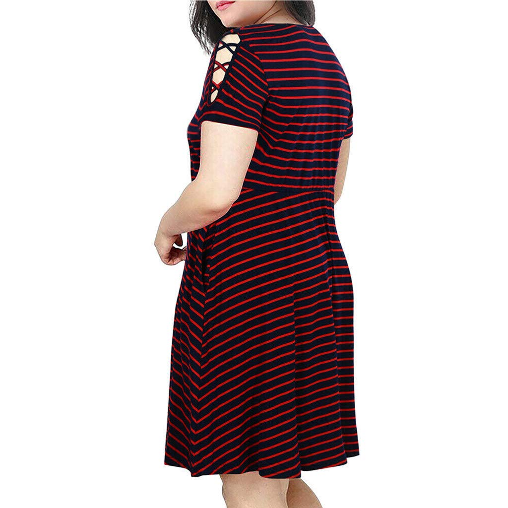 Plus Size Striped Mini Dress for Women - Short Sleeve O-Neck Midi Dress, Fashionable & Comfortable Summer Outfit for Casual Wear, Office, or Date Night