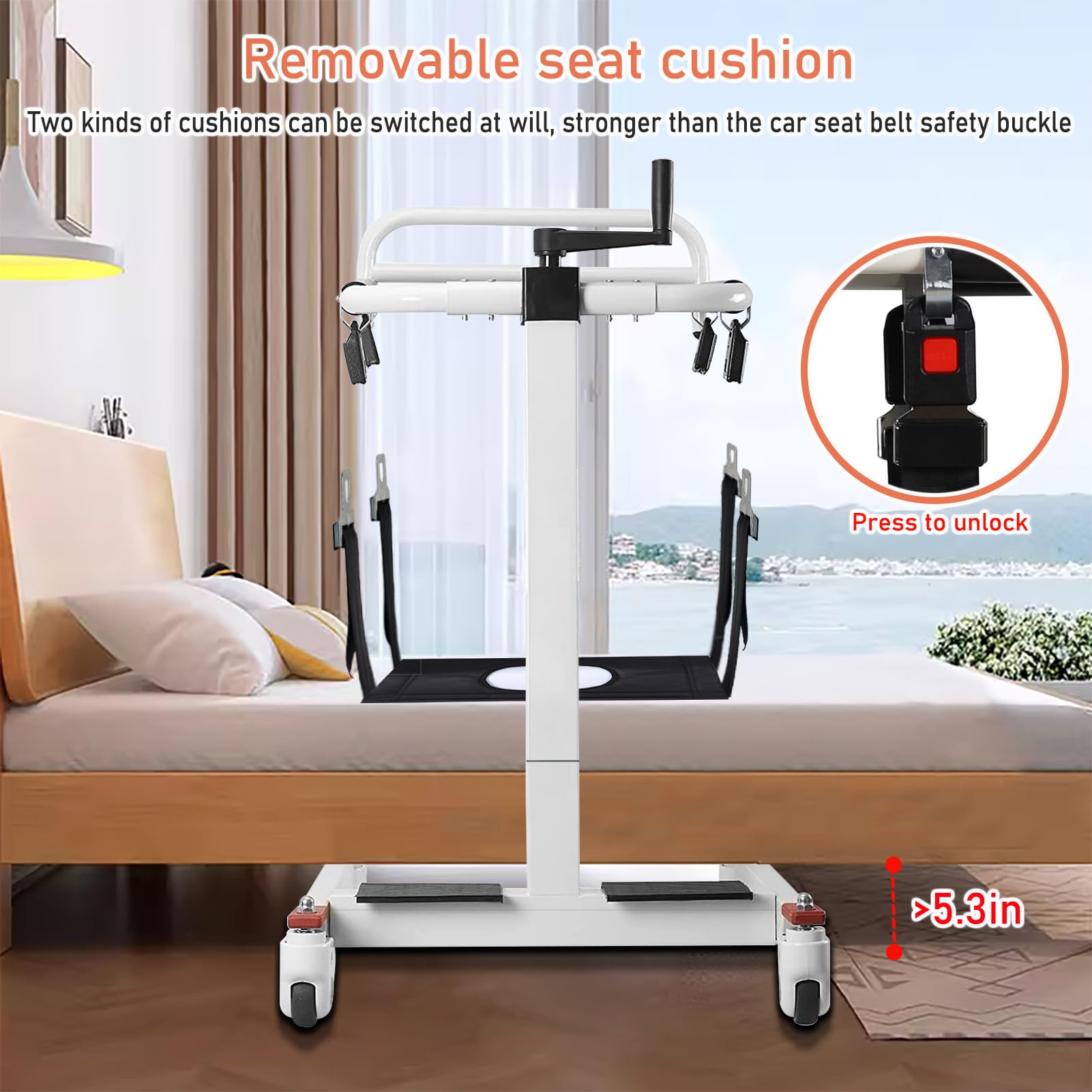 Seveni Patient Lift Transfer Chair - Portable Elderly Lift Assist with 275lb Capacity, Alloy Steel Shower Wheelchair & Bedside Commode - Easy to Disassemble for Home Care, Hospital Use, and Mobility Assistance