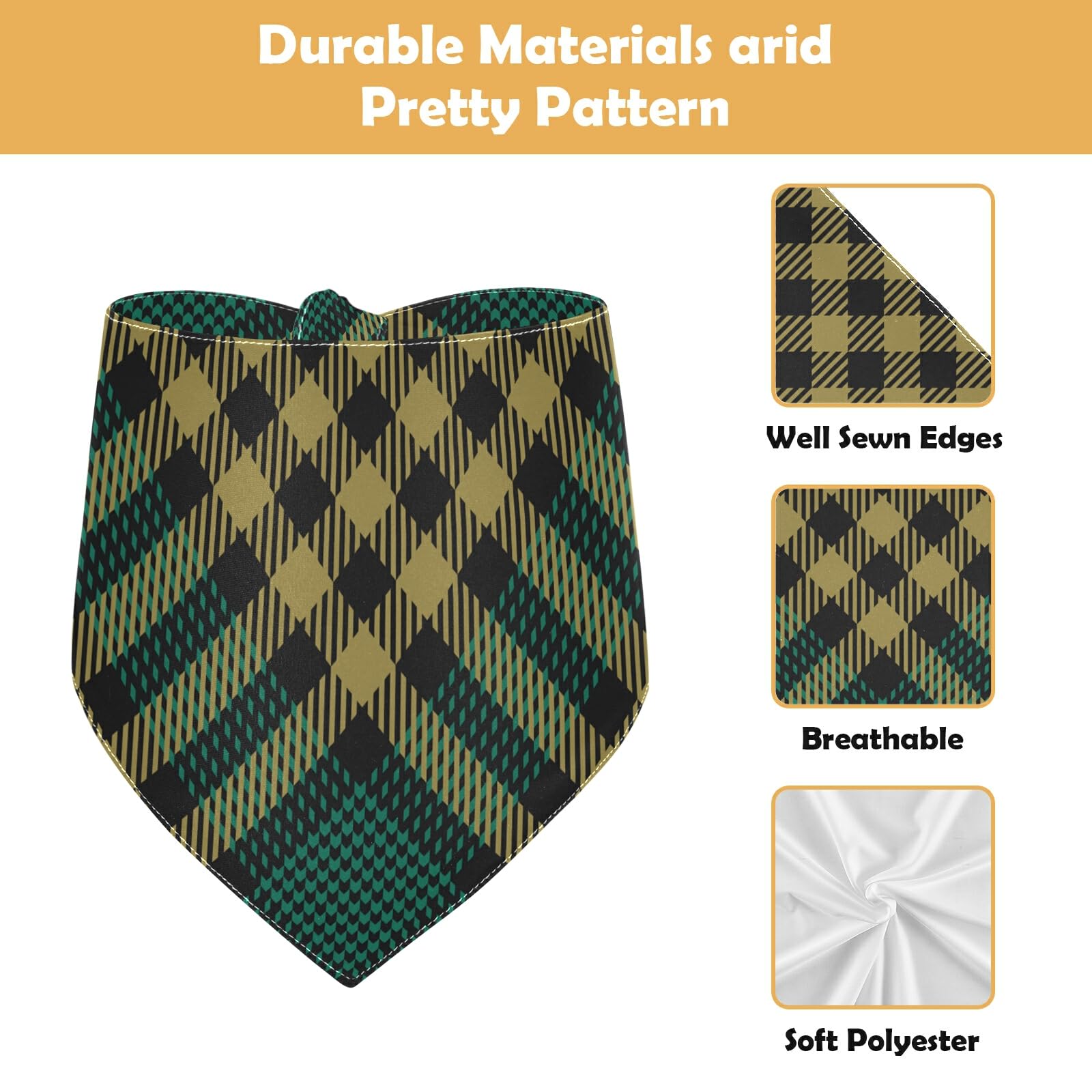2 Pack Dog Bandanas - Black Gold Green Tartan Plaid Pattern, Soft Breathable Milk Silk, Snap Button Triangle Bibs for Small Medium Large Dogs - Perfect for Christmas, Halloween, Thanksgiving Pet Holiday Accessories & Photo Props