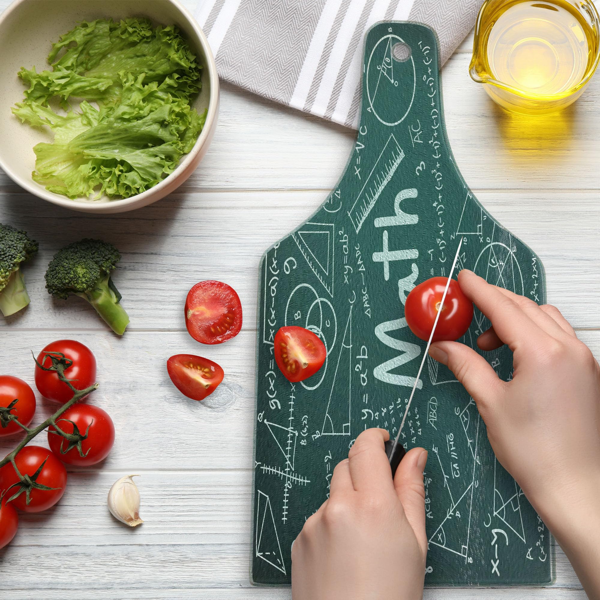 Lunarable Math-Themed Tempered Glass Cutting Board - Geometric Shapes, Formulas & Theory Designs - Decorative Serving Board for Kitchen & Dining - Perfect for Wine Bottles, Gifts & Math Enthusiasts - Teal & White
