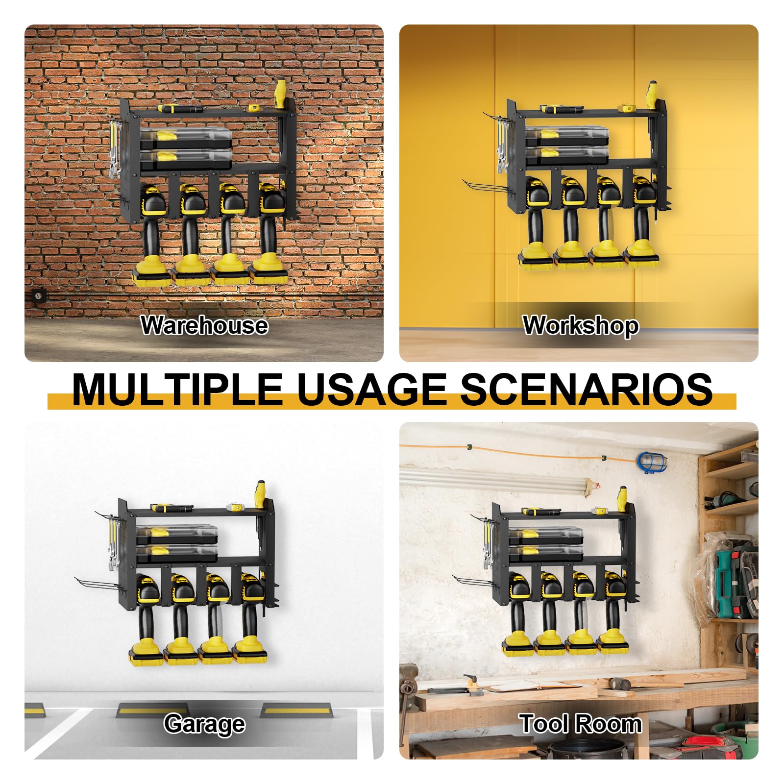3-Tier Wall Mount Metal Power Tool Organizer with 6 Hooks - Heavy Duty Drill & Screwdriver Storage Rack for Garage, Workshop & DIY Projects (Black)