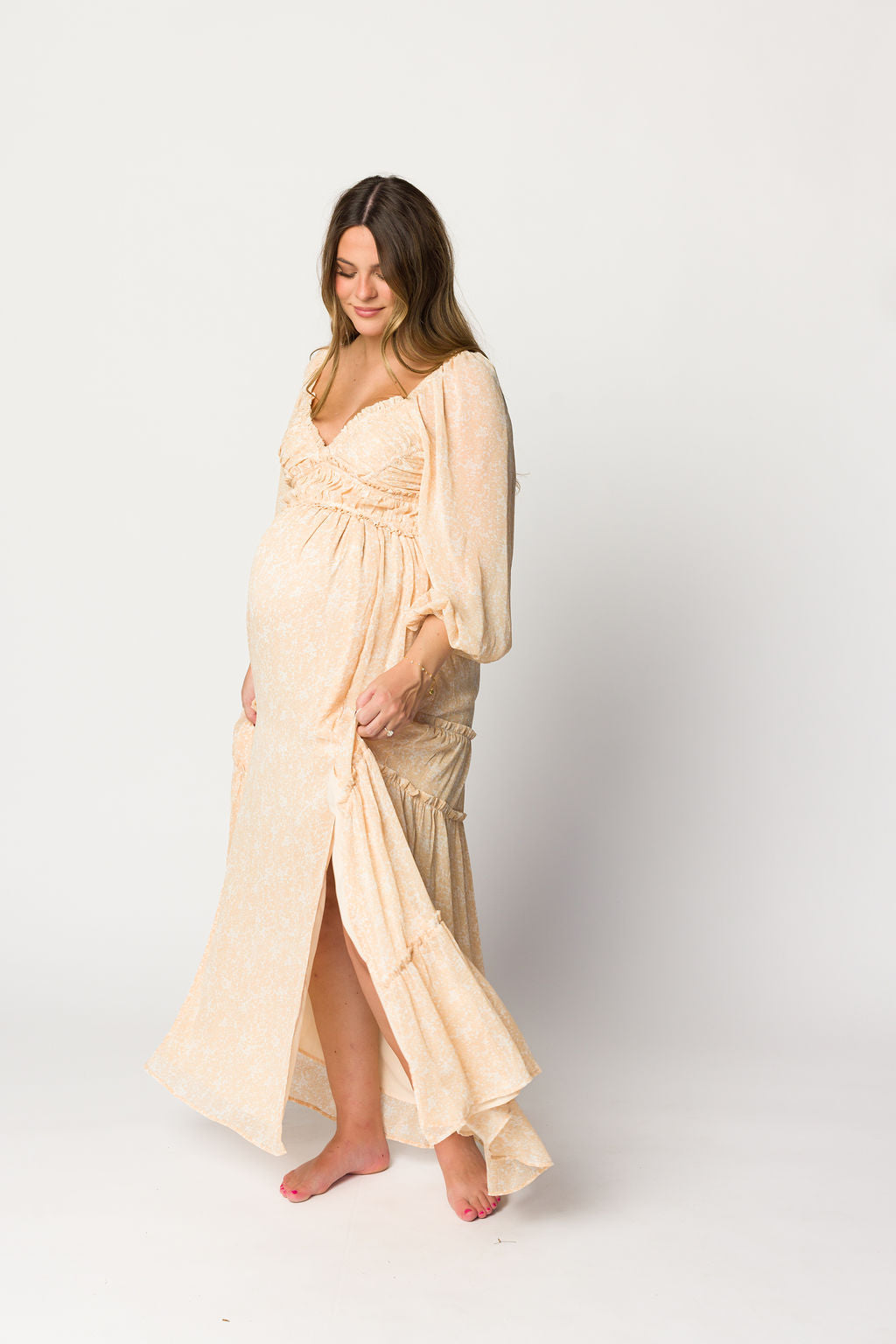 Light Beige Floral Maxi Dress with Long Sleeves - Bump Friendly Maternity Dress in Inclusive Sizes XS to 3XL - Perfect for Pregnancy, Nursing, and Special Occasions