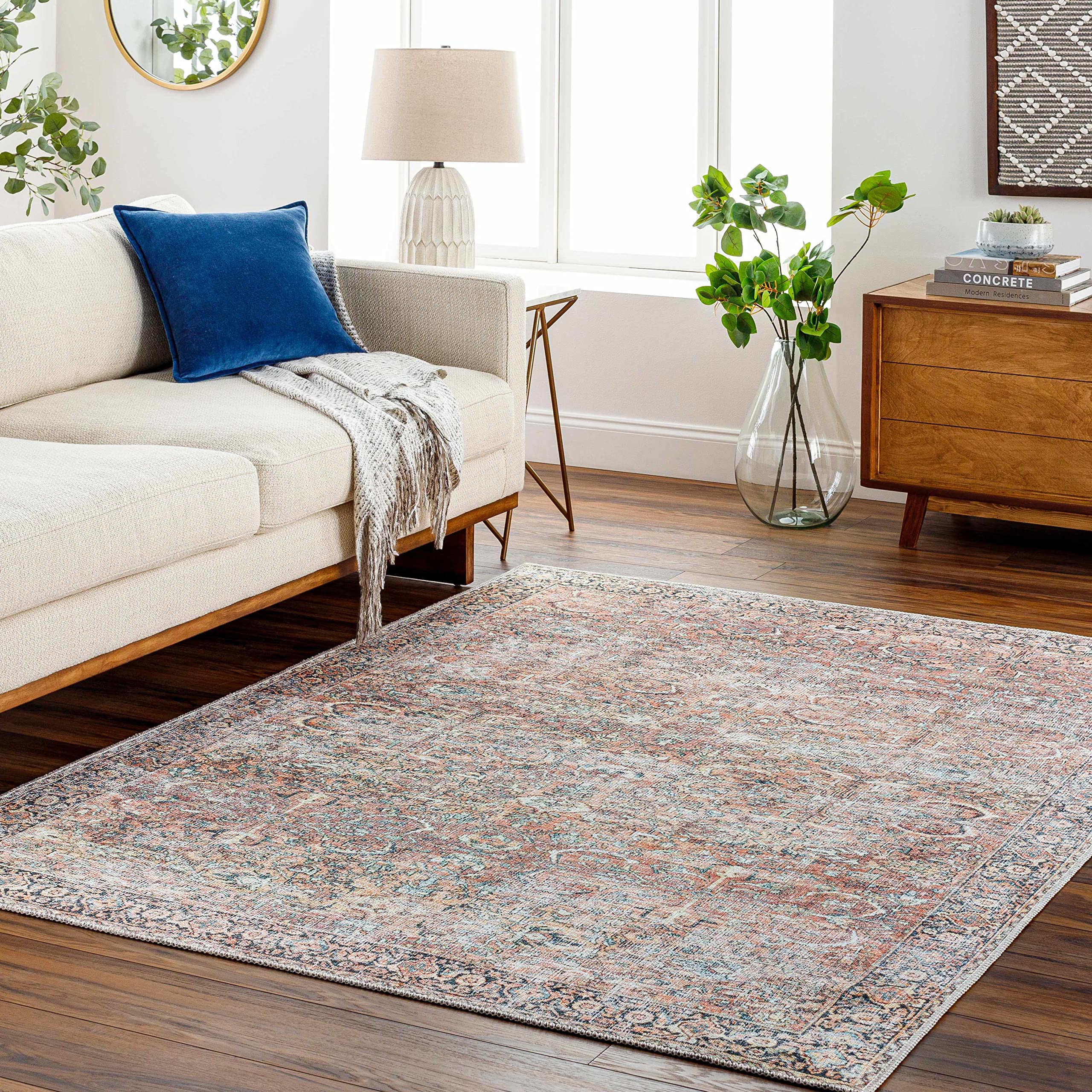 Hauteloom Kemer Machine Washable Vintage Distressed Faded Oriental Bohemian Traditional Bordered Area Rug - Pet Friendly Living Room Carpet in Peach, White, Black - 8'10