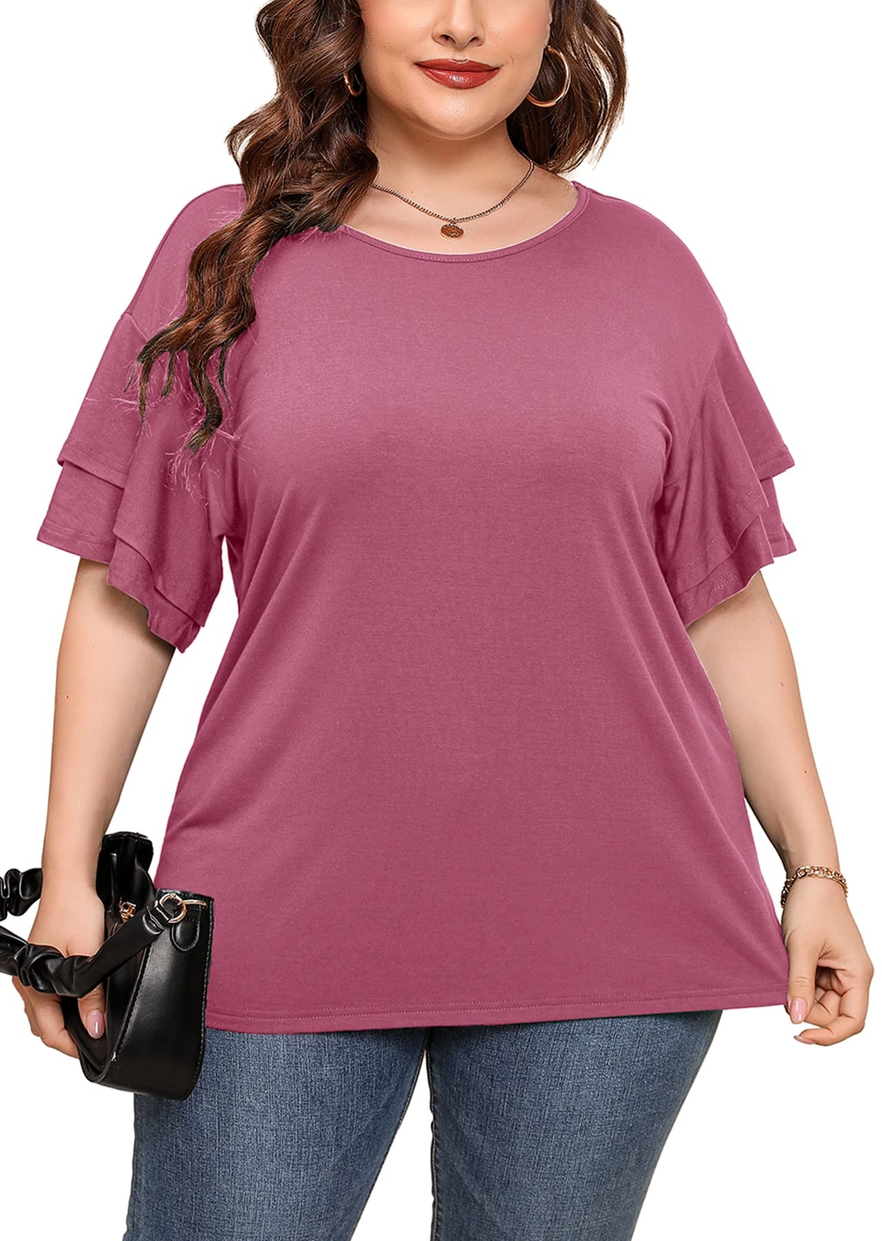 Plus Size Tunic for Women - Double Ruffle Short Sleeve Loose Fit Flowy Shirt | Summer Casual Top for Work, Beach & Everyday Wear | AusLook Women's Fashion