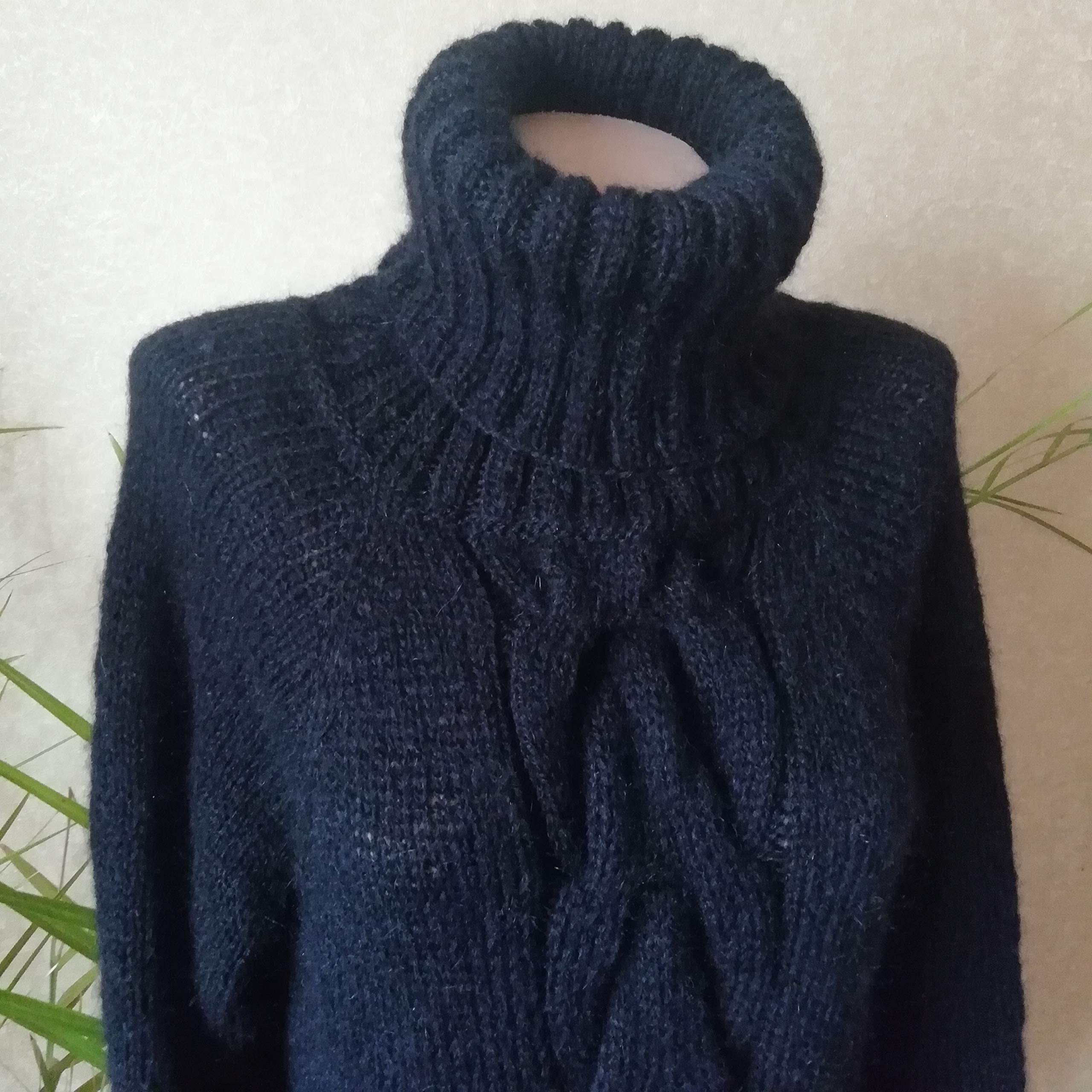 Black Mohair Knitted Sweater Dress for Women - Extra Long Handmade Winter Pullover with Collar | Perfect for Holiday Parties, Date Nights & Office Wear
