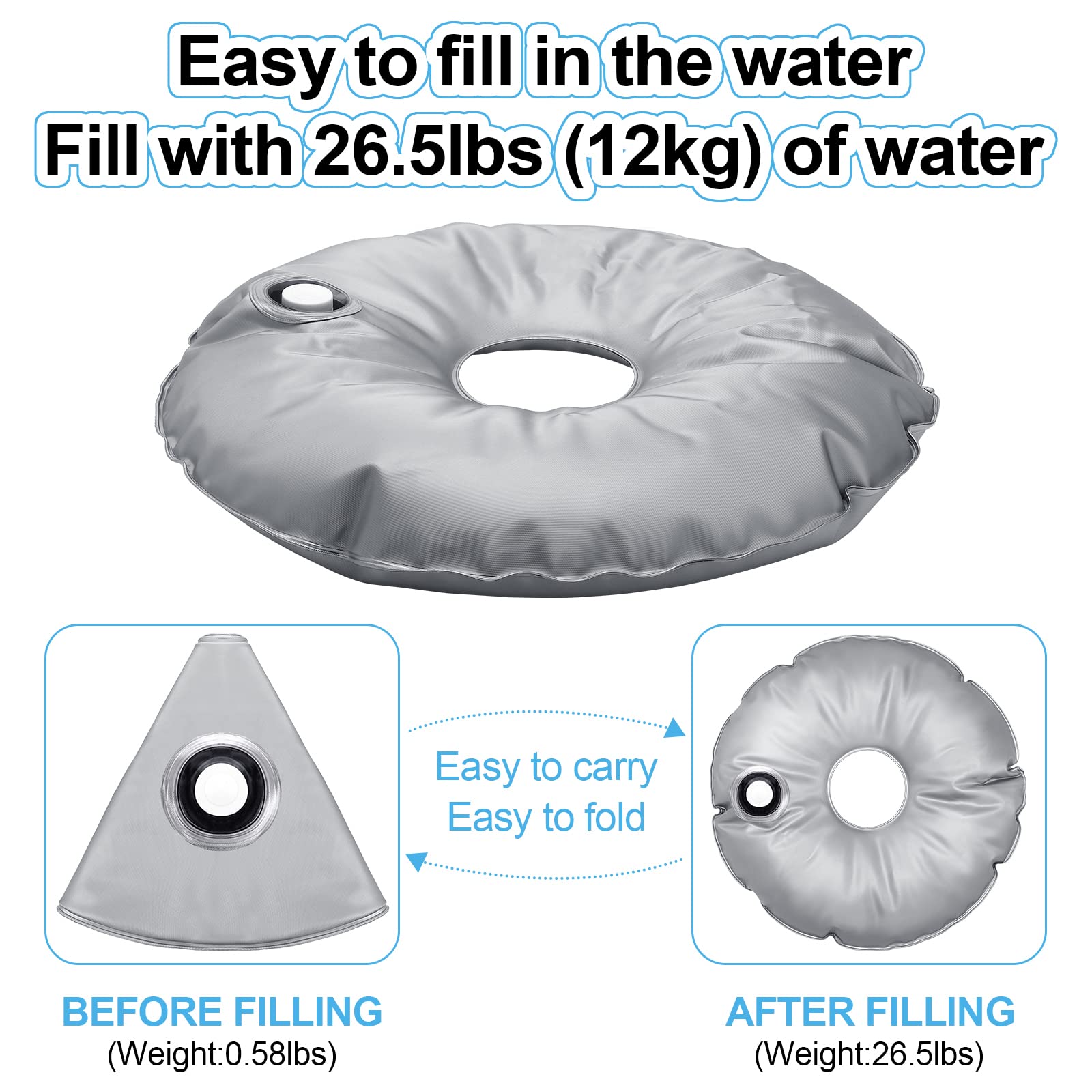 Tondiamo 2 Pack 20.87 Inch Water-Filled Umbrella Base Weights - Heavy Duty Sand Bags for Outdoor Patio, Beach, Garden & Pool Use - Supports Up to 26.5 lbs - Portable Collapsible Sun Shade Stand Holder (20.87