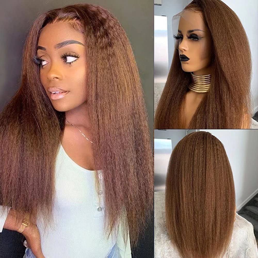 Imeya 13x6 HD Lace Front Human Hair Wig - Brazilian Yaki Straight 150% Density 18 Inch Pre-Plucked with Baby Hair for Black Women | Natural Brown Kinky Straight Wig for Daily Wear, Parties & Special Occasions