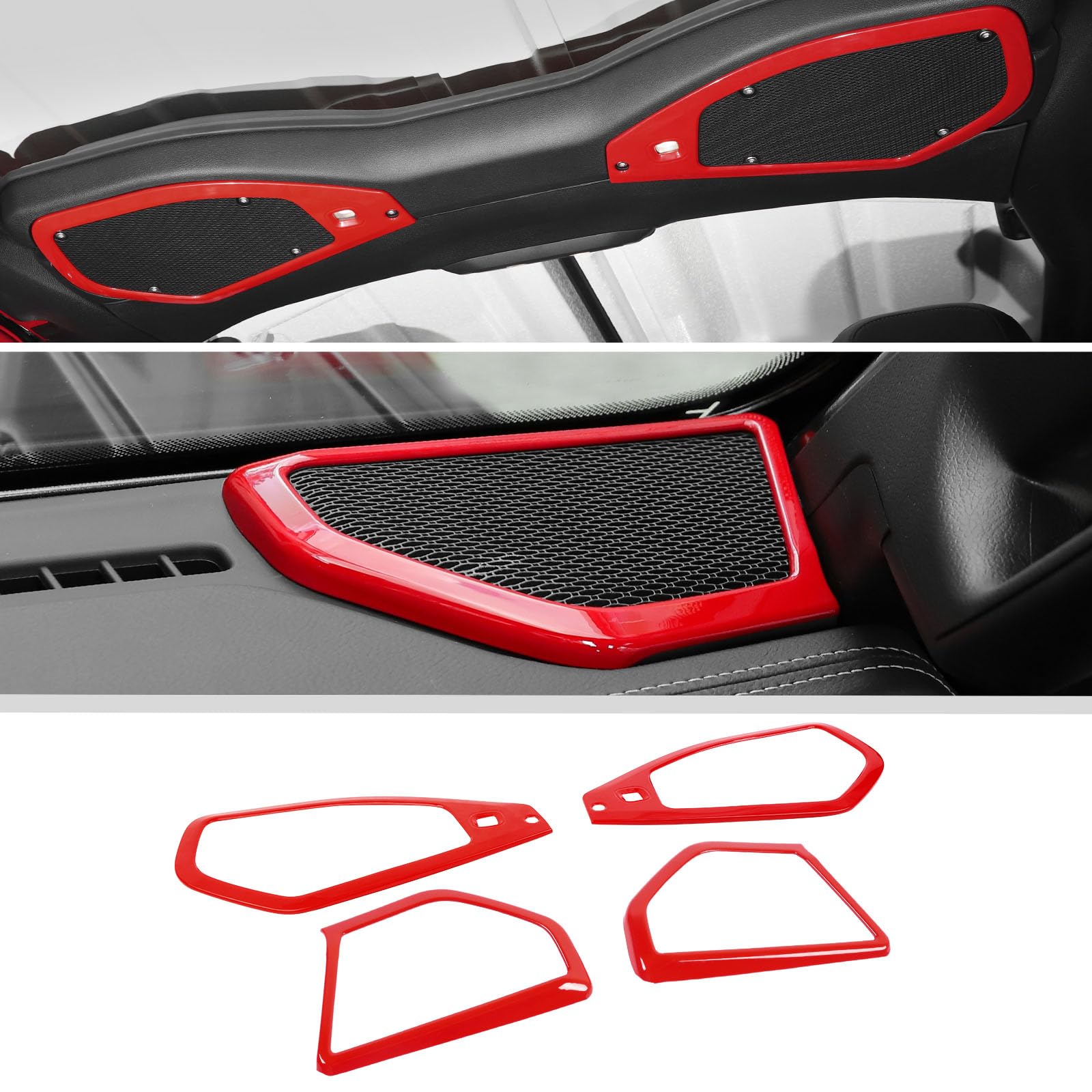 2024-2025 Jeep Wrangler JL/JLU & Gladiator JT 4xe Interior Accessories - JWWY ABS 4PCS Red Speaker Audio Player Trim Top & A Pillar Cover Trim Set | Perfect for Off-Road Adventures & Car Audio Upgrades