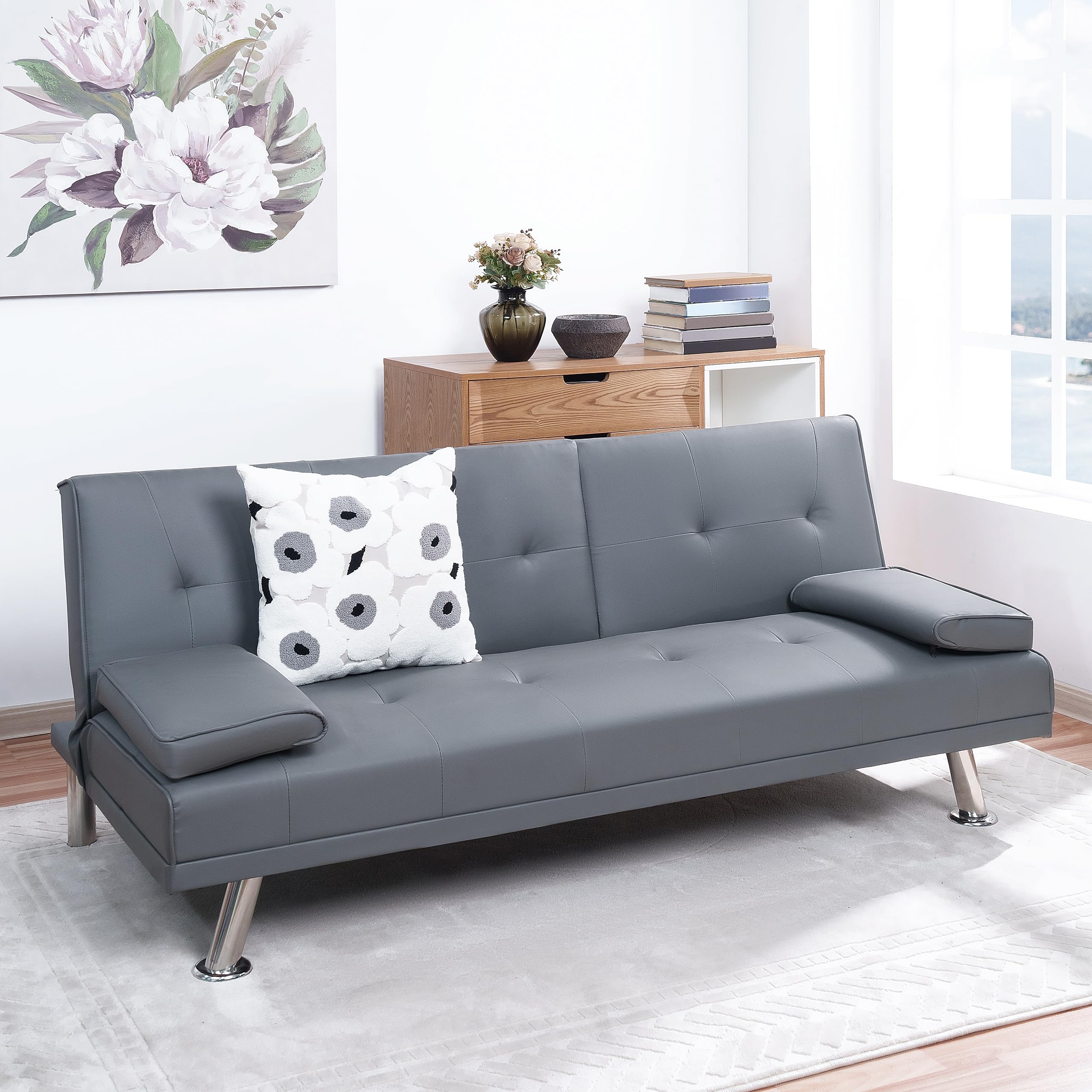 Convertible Futon Sofa Bed with Space-Saving Design - Modern Faux Leather Couch for Living Room, Guest Room & Small Spaces - Sturdy Frame, Adjustable Positions & Easy Assembly - Low-Maintenance Gray Upholstery - Perfect for Apartments, Dorms & Home Offices