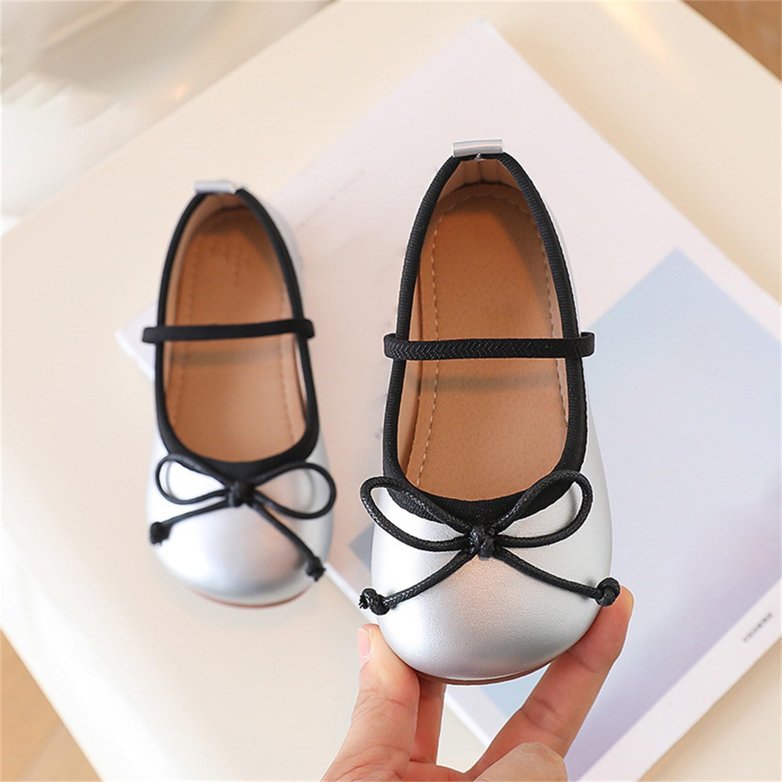 Flower Girl Shoes - Mary Jane Ballet Flats with Bow for Wedding & Party
