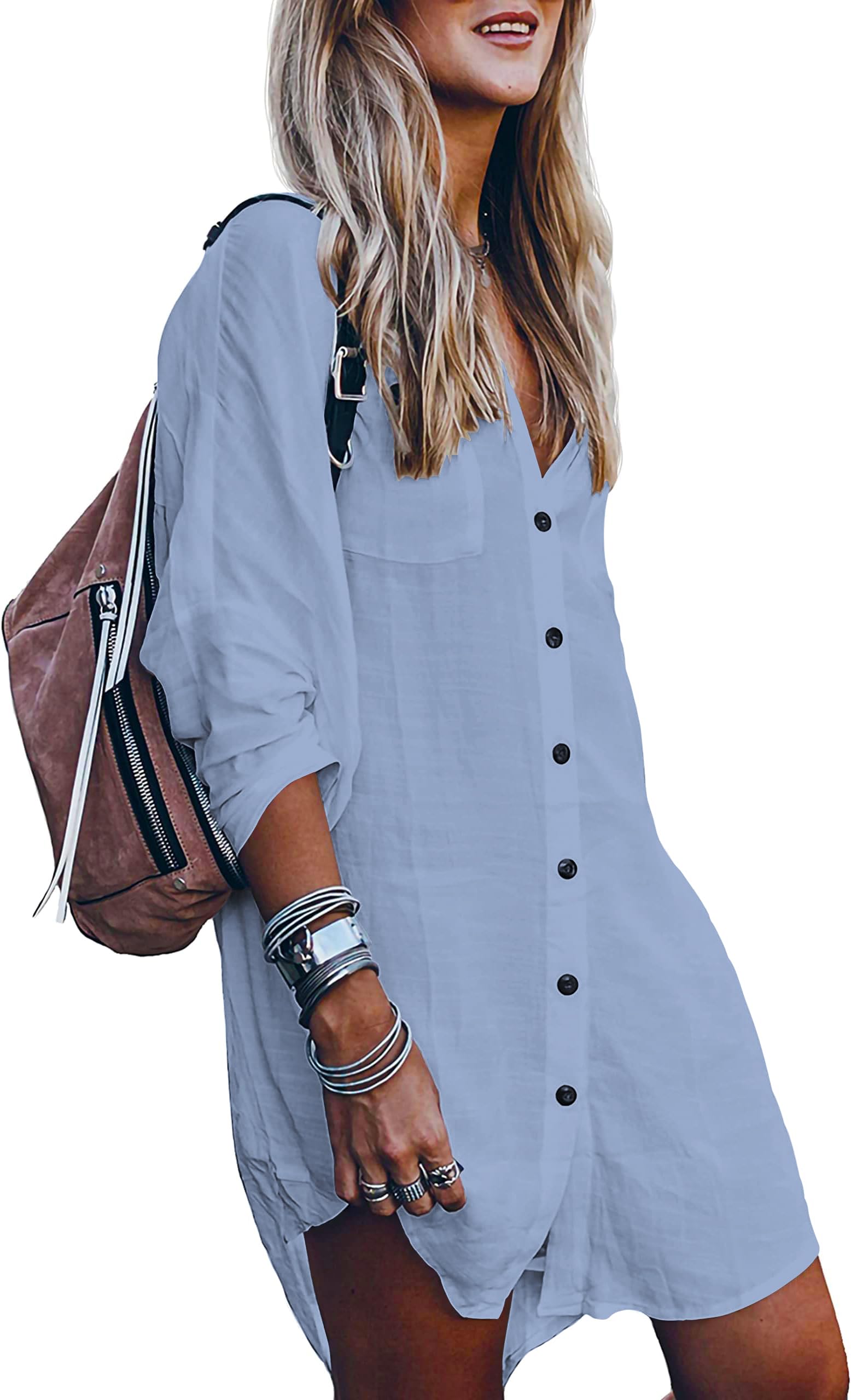 POGTMM Women's Summer Beach Cover Up - Lightweight Button Down Shirt Dress for Swimsuits & Bikinis | Perfect for Poolside, Beach Vacations & Resort Wear