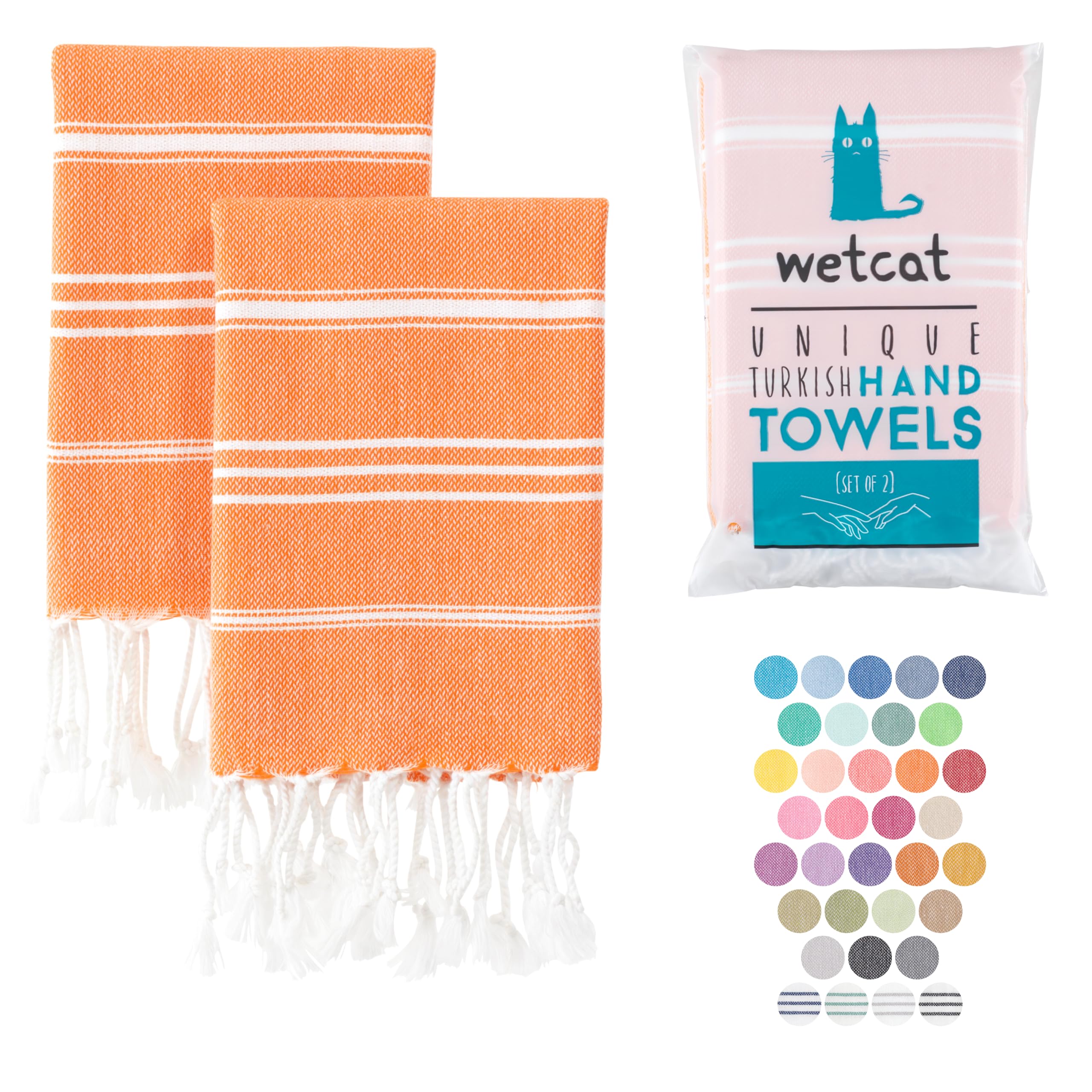 Premium WETCAT Turkish Hand Towels Set of 2 - 100% Turkish Cotton, Pre-Washed & Quick Drying (20