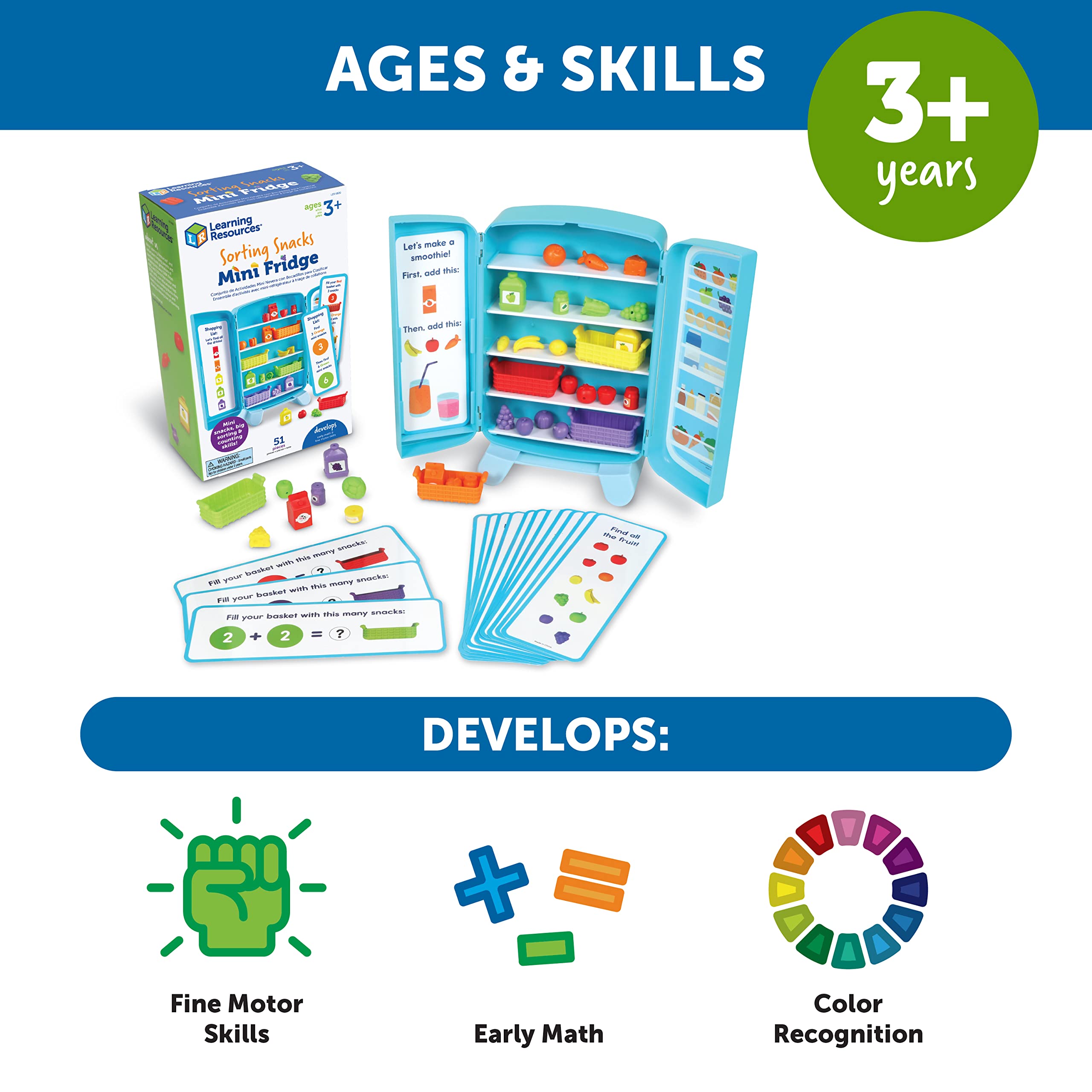 Learning Resources Sorting Snacks Mini Fridge - Educational Toddler Toys, Mini Food Play Set, Pretend Play Kitchen Toys for Kids Ages 3+, 51-Piece STEM Learning Game for Preschoolers | Perfect for Birthday Gifts, Easter Basket Stuffers & Classroom Activities