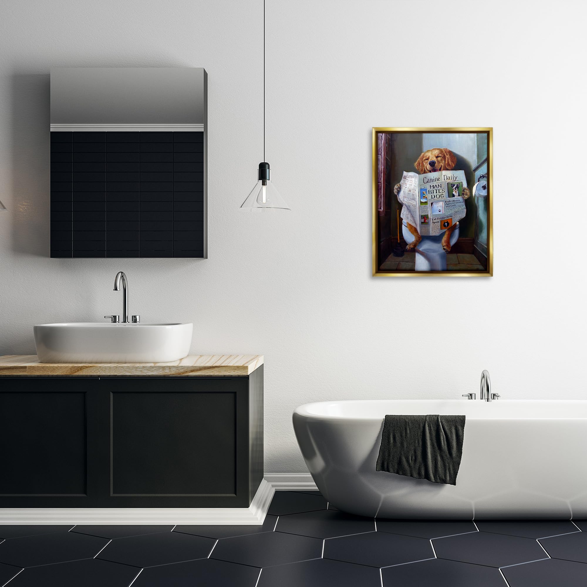Funny Dog Reading Newspaper on Toilet Canvas Wall Art - Lucia Heffernan Framed Floater Painting - Perfect for Bathroom Decor & Humorous Home Office Art
