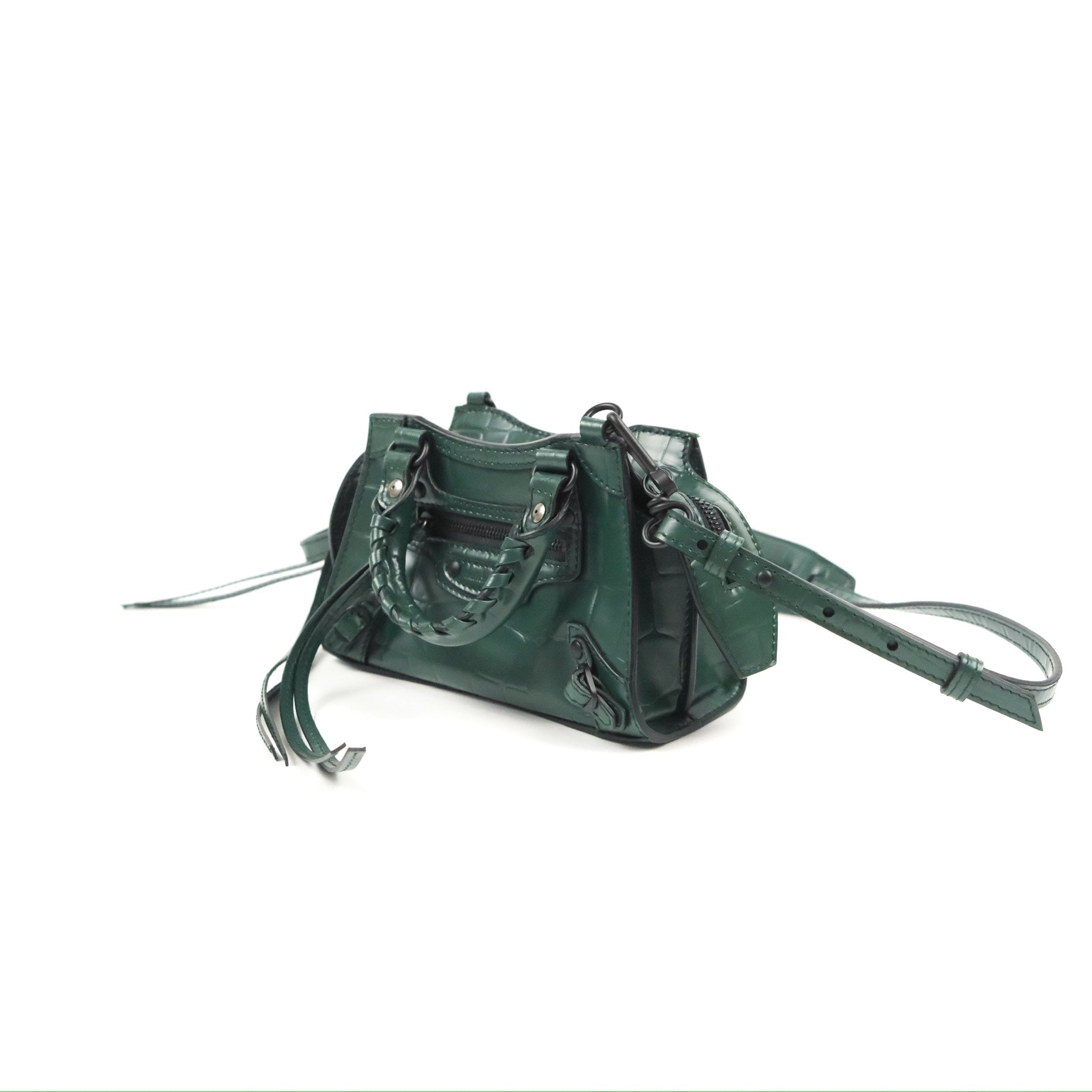 Balenciaga Mini Neo Classic City Bag - Green Crocodile Embossed Leather Crossbody Bag for Women | Perfect for Everyday Use, Parties & Travel