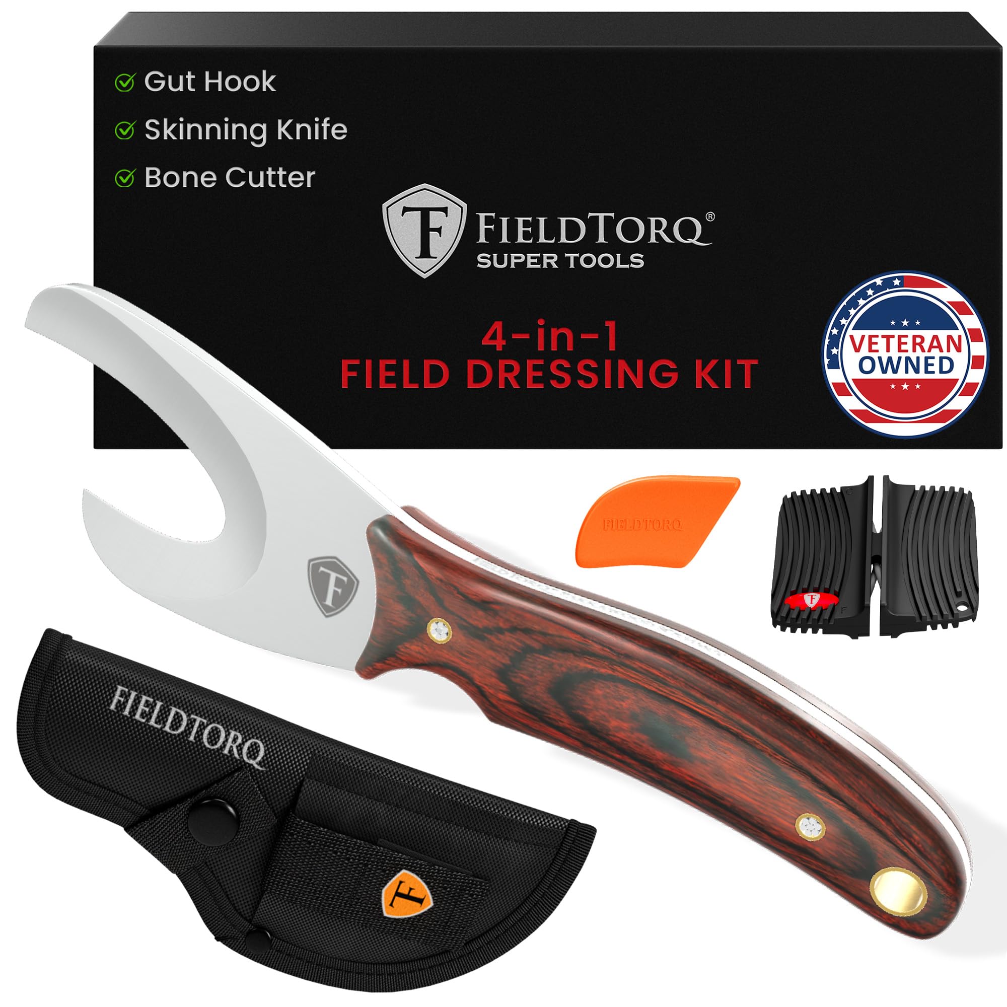4-in-1 Hunting Field Dressing Kit with Skinning Knife, Gut Hook, Sheath & Sharpener | Premium Pakkawood Deer Hunting Knife Set | Perfect for Outdoor Hunting, Camping & Wilderness Survival