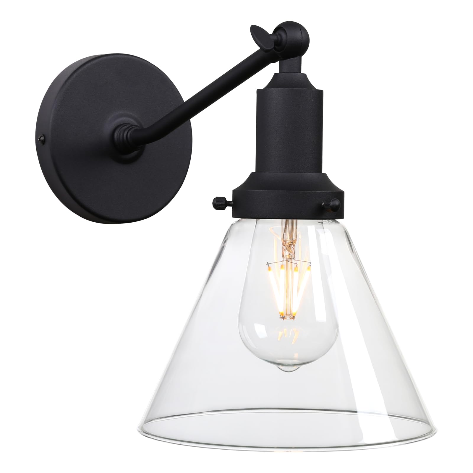 PERMO Industrial Vintage Wall Sconce Light Fixture - Black Slope Pole Mount with Clear Glass Shade for Bedroom, Living Room, Hallway & Office Lighting Decor