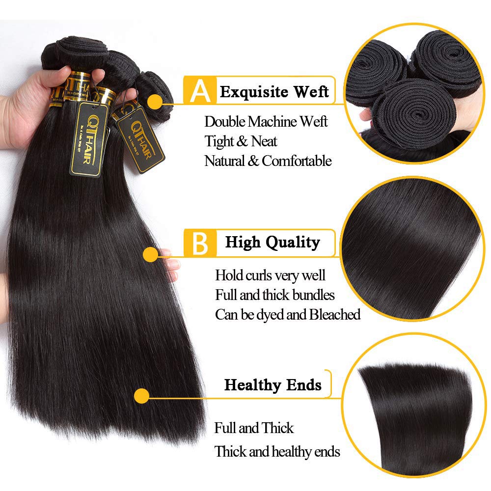 QTHAIR 14A Grade Brazilian Straight Human Hair Bundles with Lace Frontal - 100% Unprocessed Virgin Hair (12