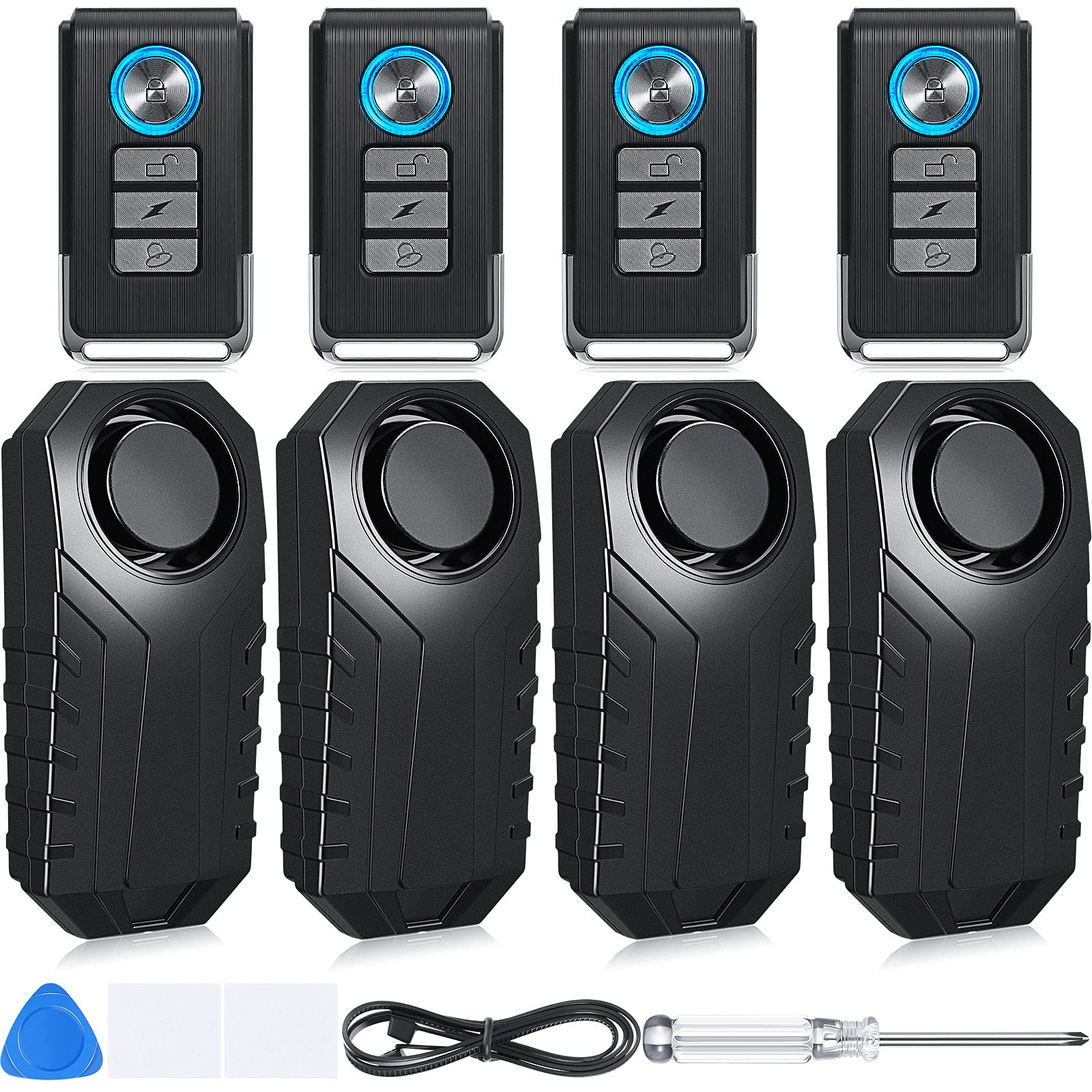 Wireless Bicycle Alarm with Remote - 113dB Anti-Theft Vibration Alarm for Bike, Motorcycle & Vehicle Security - Waterproof & Durable - Also Works as Door/Window Alarm (4-Pack) - Perfect for Outdoor Adventures, Commuting & Home Security
