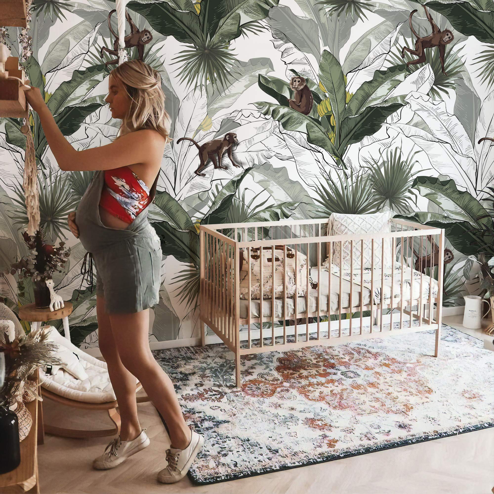 Murwall Banana Leaf Wallpaper - Monkey Pattern Botanical Wall Mural for Nursery, Living Room, Bedroom & Cafe Decor | Perfect for Jungle-Themed Kids Rooms, Boho Home Design & Tropical Entryways