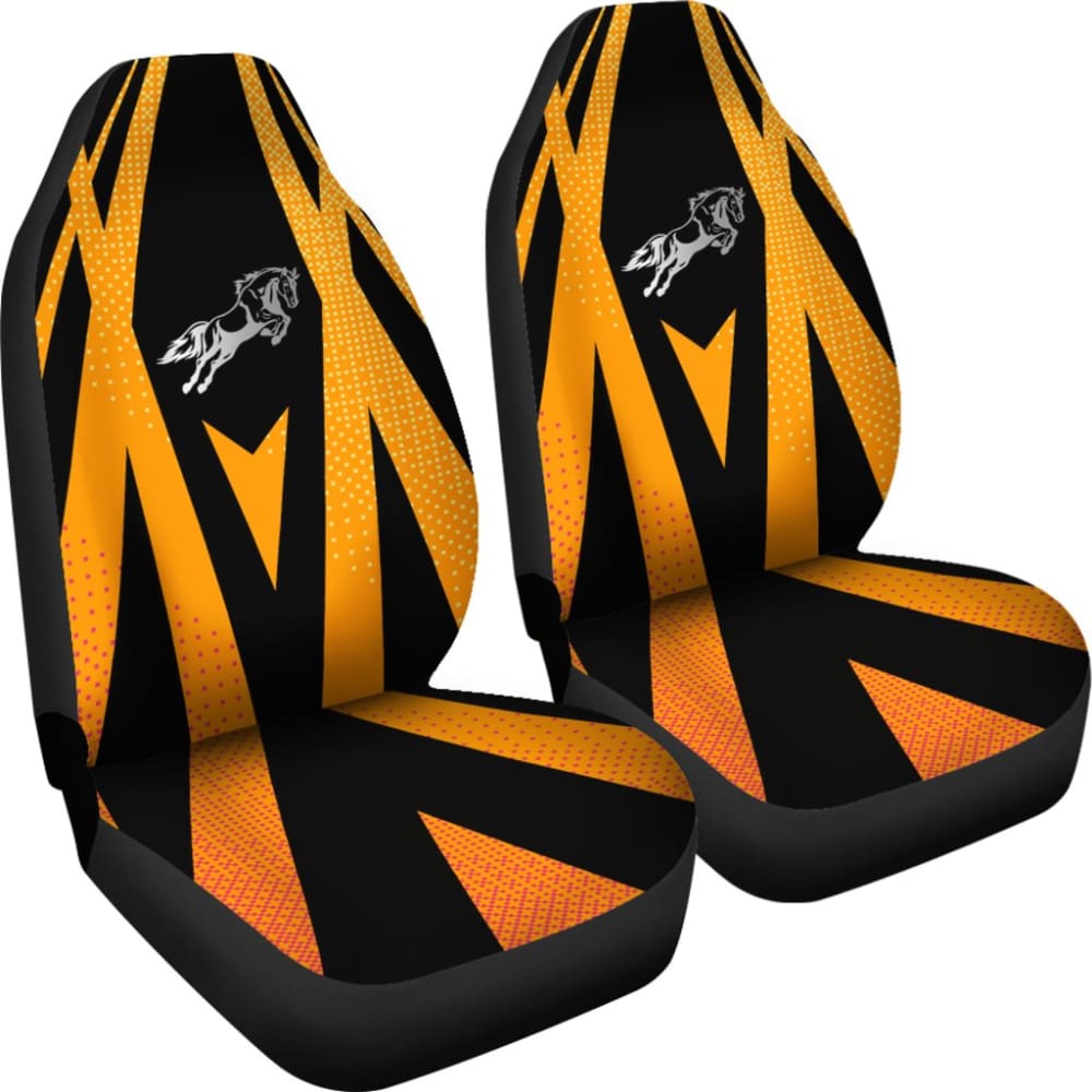 Premium Black & Orange Mustang Horse Custom Metallic Print Car Seat Covers - Durable & Stylish for Ford Mustang (2015-2023 Models) - Perfect for Car Enthusiasts, Gifts & Auto Accessories Upgrades