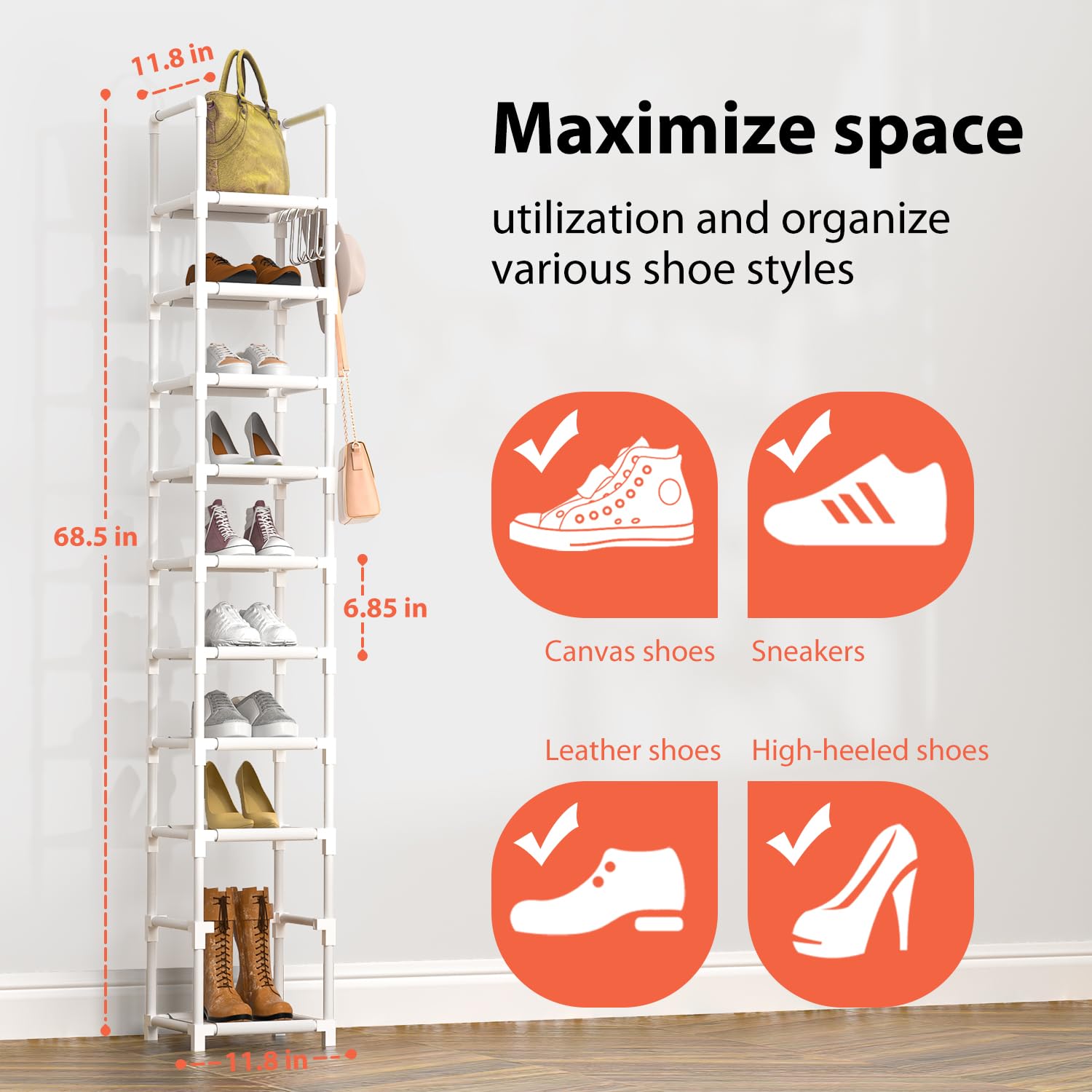 10-Tier Narrow Shoe Organizer for Closet - Tall Vertical Shoe Rack Holds 10-15 Pairs, Space-Saving Metal Shelf with 5 Hooks for Small Spaces - Perfect for Bedroom, Entryway, or Closet Organization