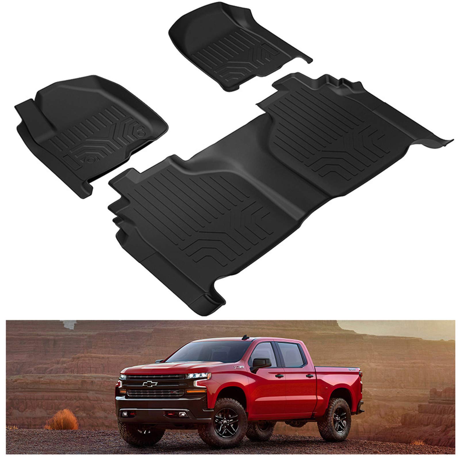 KIWI MASTER All-Weather Floor Mats for 2019-2025 Chevy Silverado & GMC Sierra 1500/2500 HD/3500 HD Crew Cab - Heavy Duty TPE Slush Liners (Black) - Perfect for Winter, Off-Road & Everyday Protection