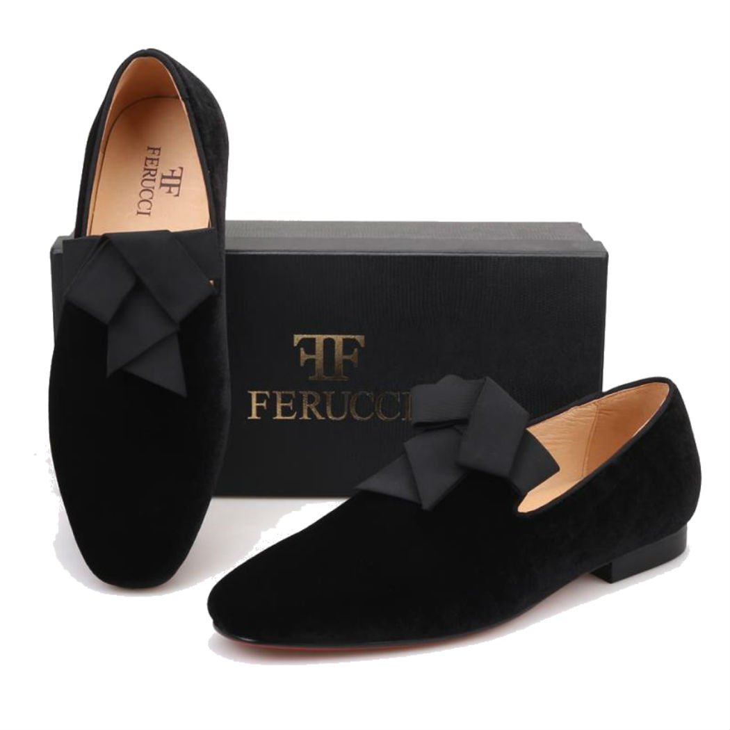 FERUCCI Handmade Men's Black Velvet Loafers with Ribbon Bow - Comfortable House Slippers for Indoor/Outdoor Wear, Perfect Gift for Christmas, Birthday & Special Occasions
